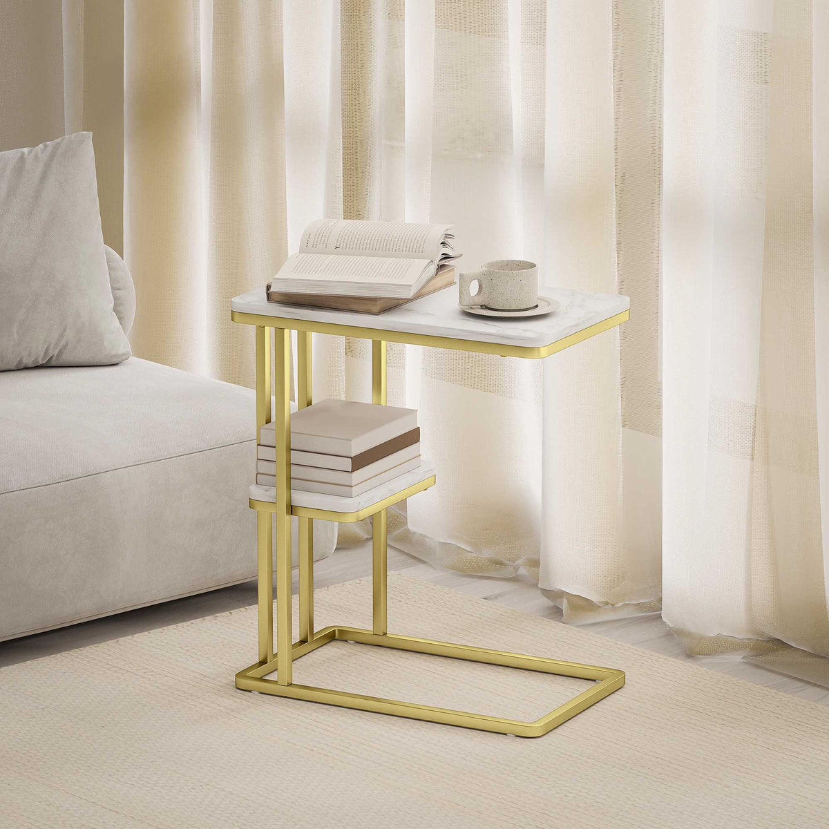 C-Shaped Side Table with Storage, Marble Look, Gold Frame