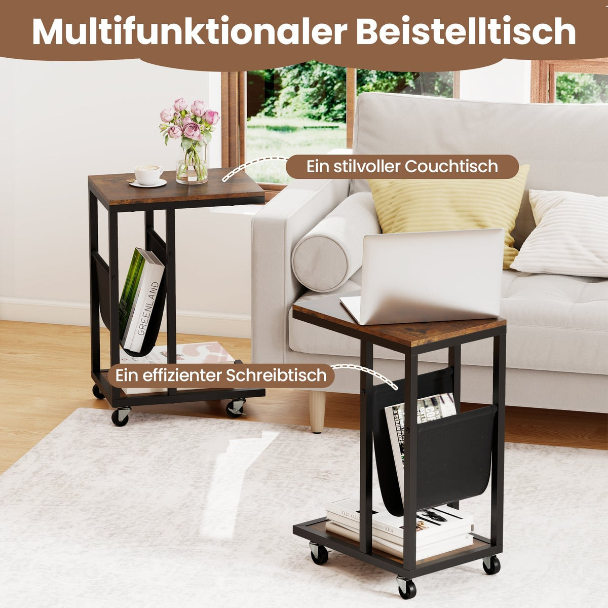 C-Shaped Side Table with Wheels, Metal Frame, Storage