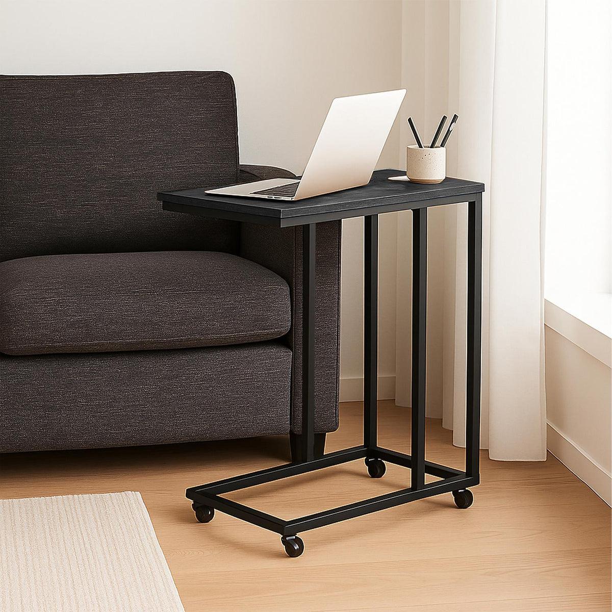 C-Shaped Side Table with Wheels, Metal and MDF
