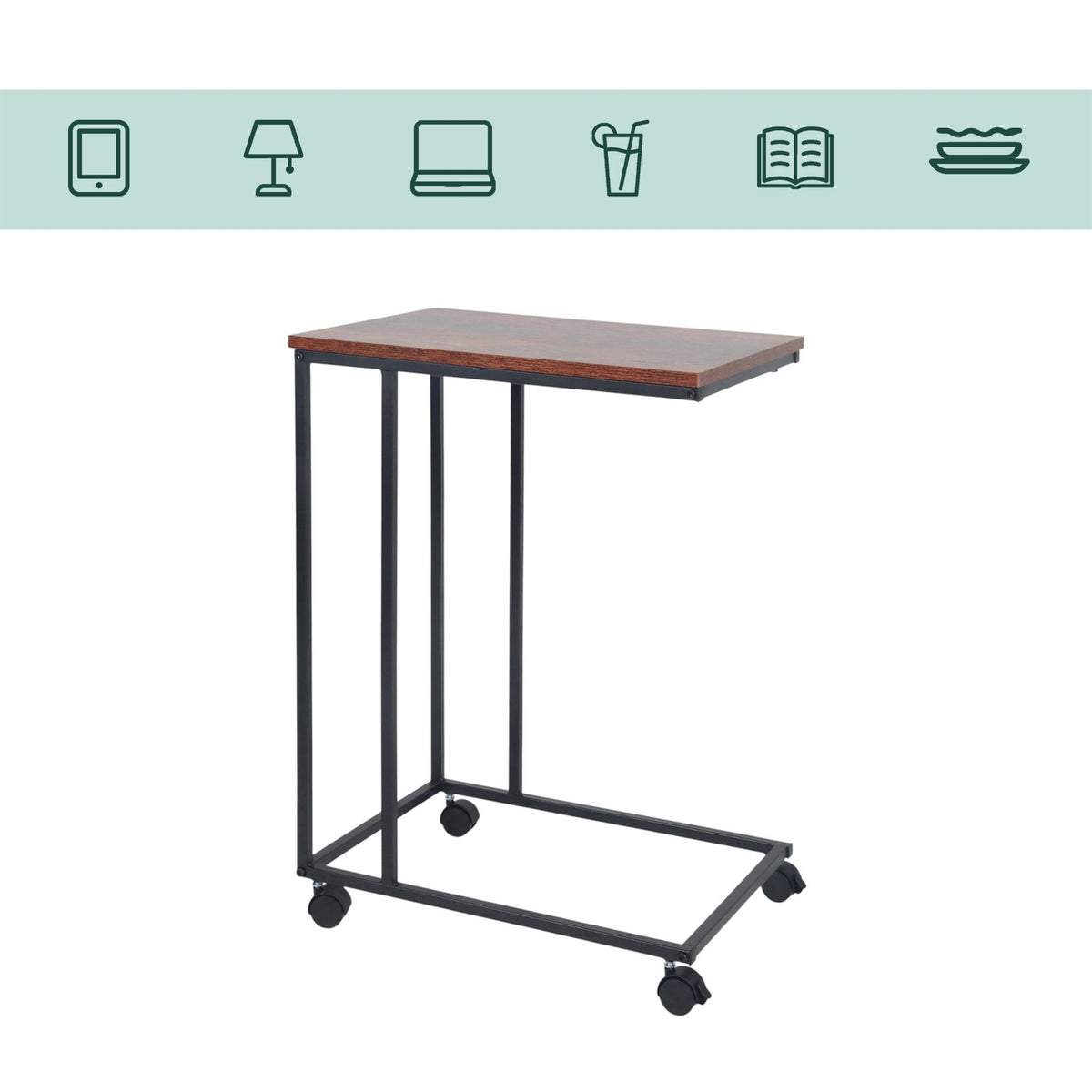 C-Shaped Side Table with Wheels – Wood-Effect, Metal Frame