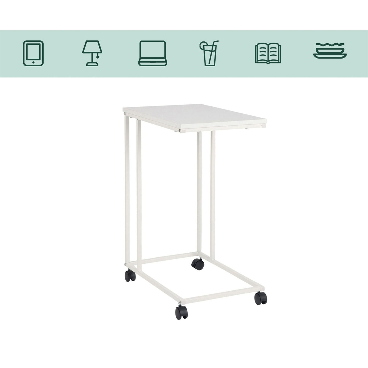 C-Shaped Side Table with Wheels – Wood-Effect Top