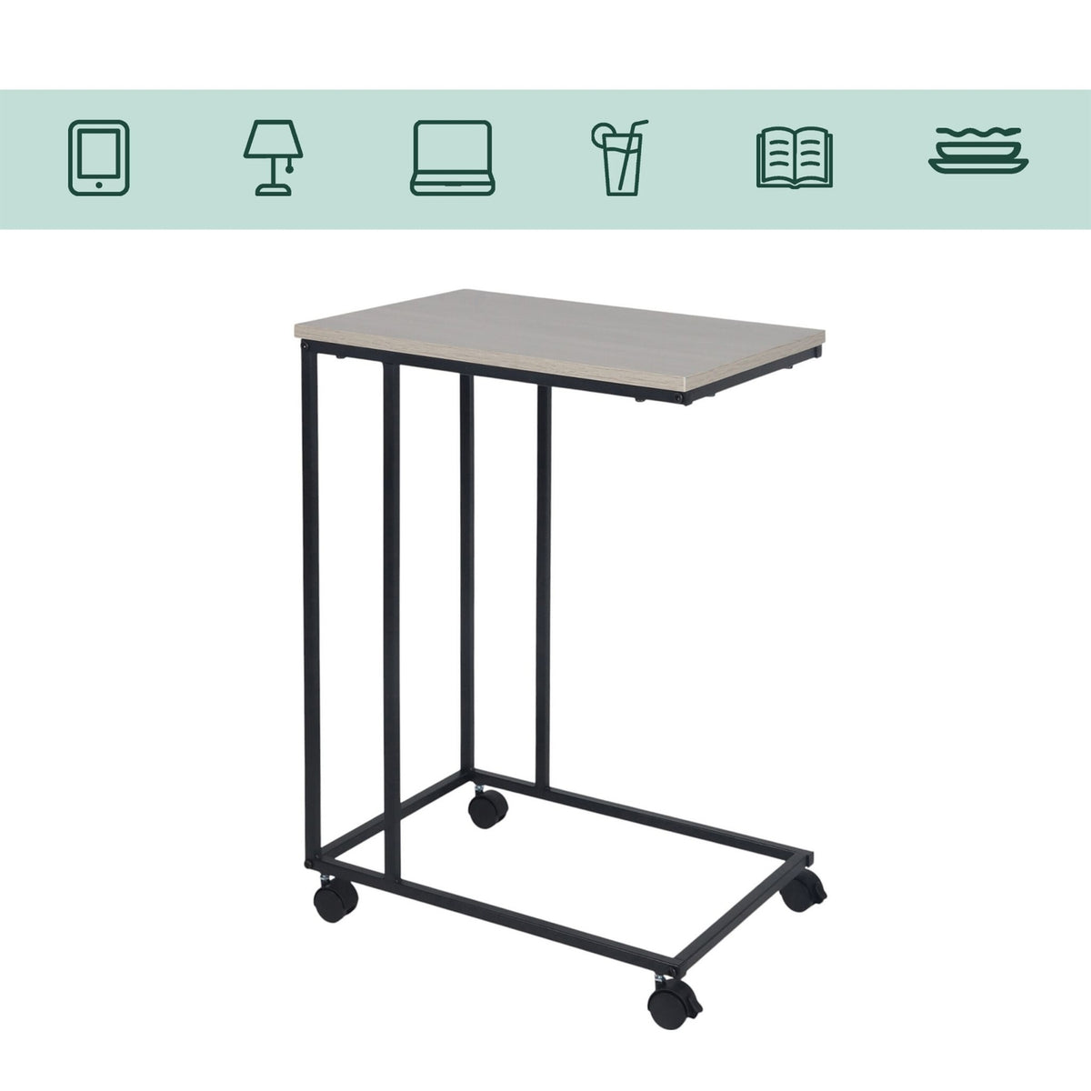 C-Shaped Side Table with Wheels – Wood-Effect Top