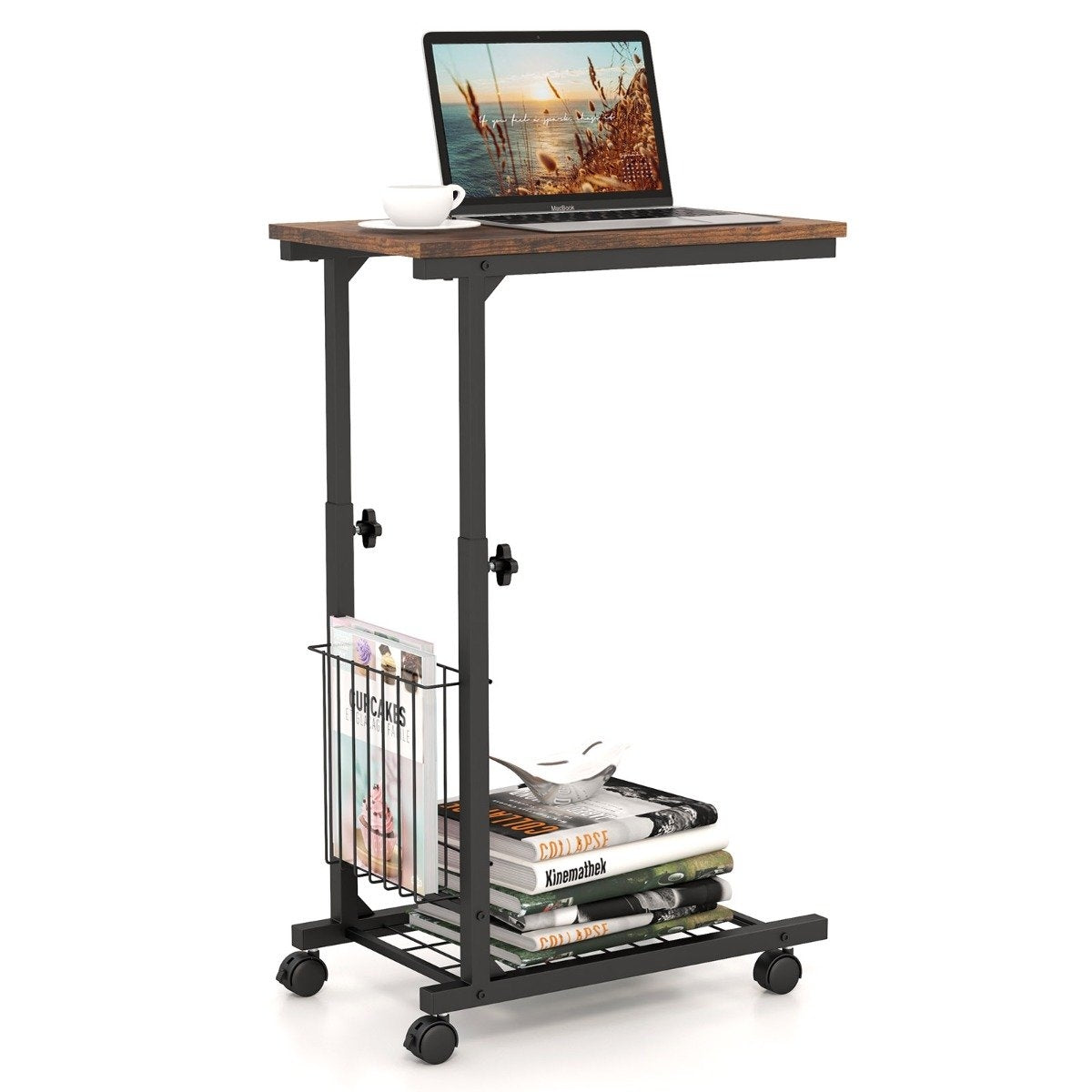 C Shaped Sofa Table Adjustable Side Table with Storage Basket Rustic Brown
