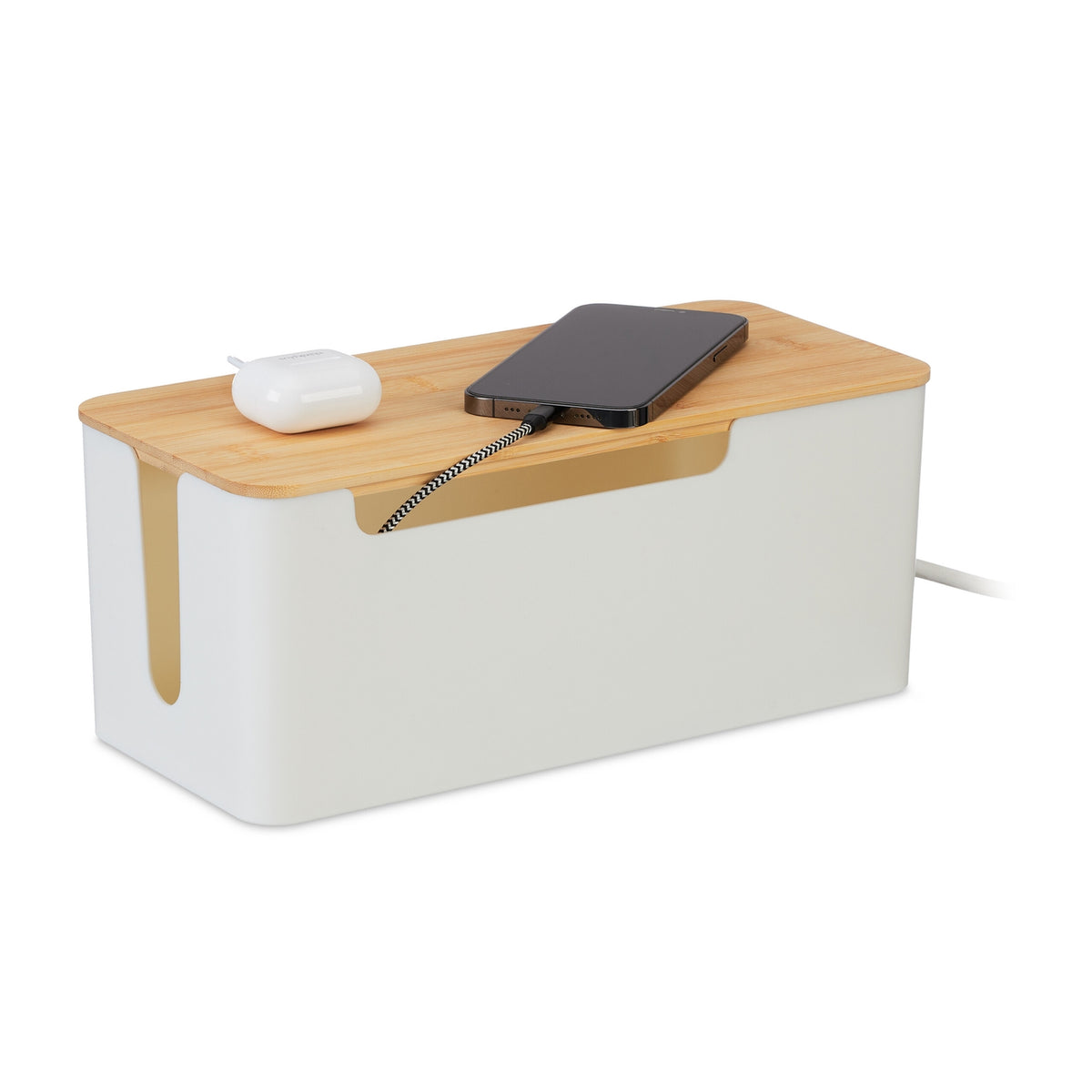 Cable Organizer Box with Bamboo Lid for Power Cords