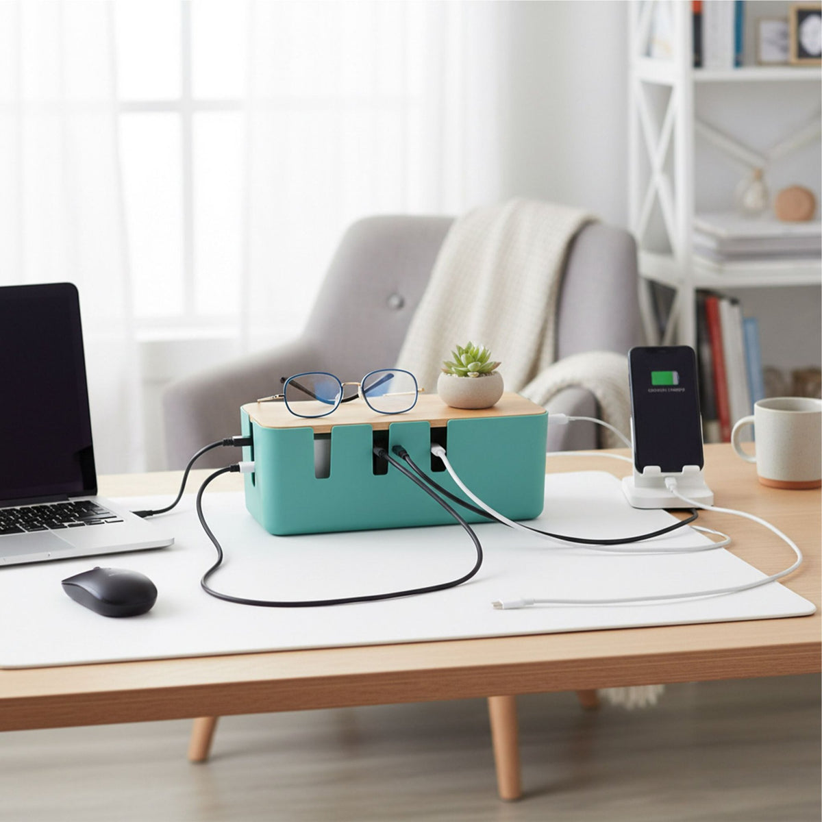 Cable Storage Box with Wooden Lid for Socket Strips