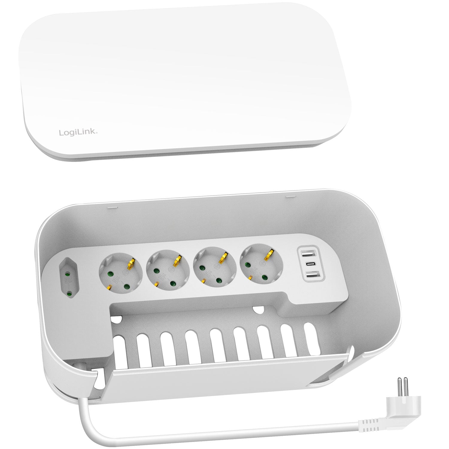 Cable box - Cable hider with branch socket + USB-A/USB-C charging White