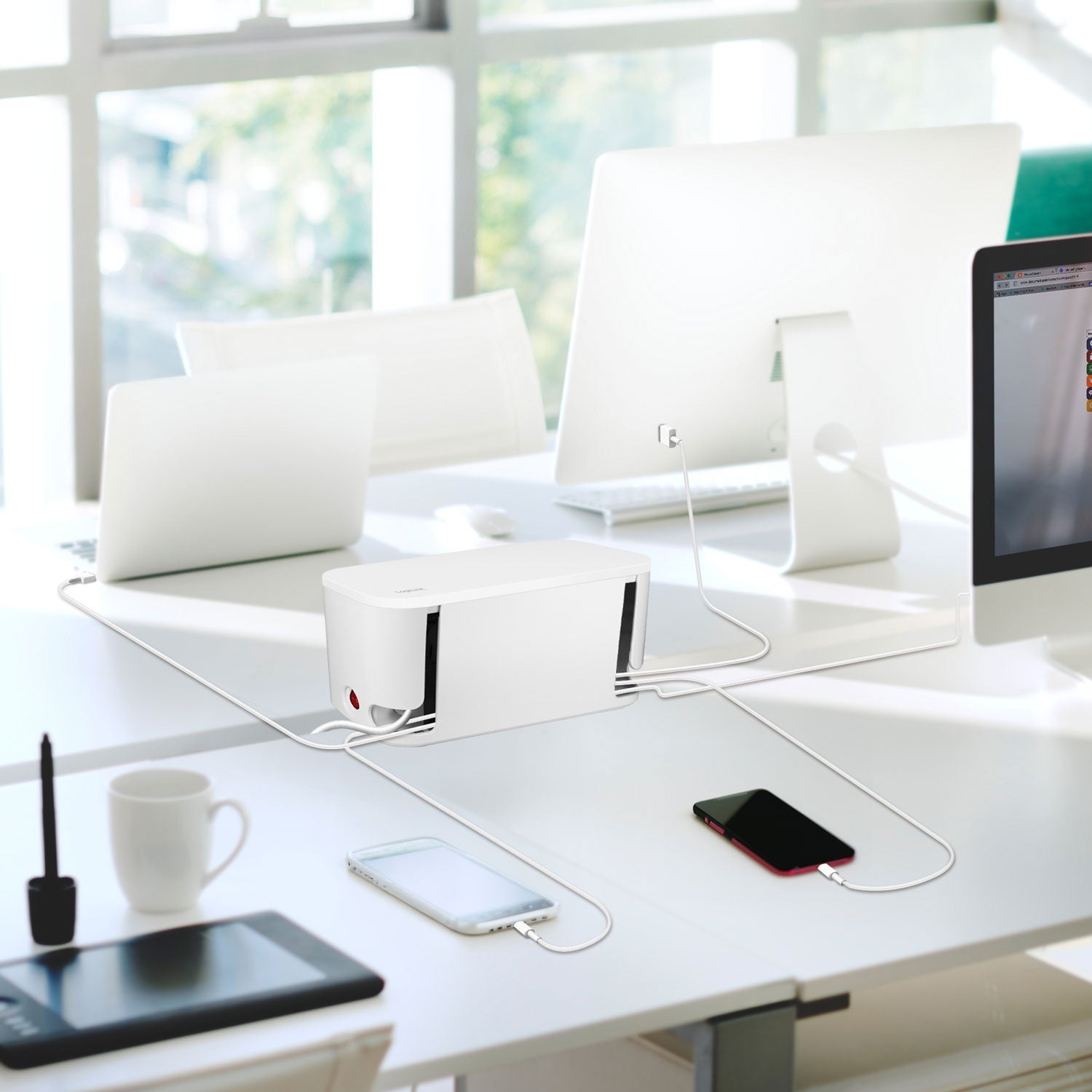 Cable box - Cable hider with branch socket + USB-A/USB-C charging White
