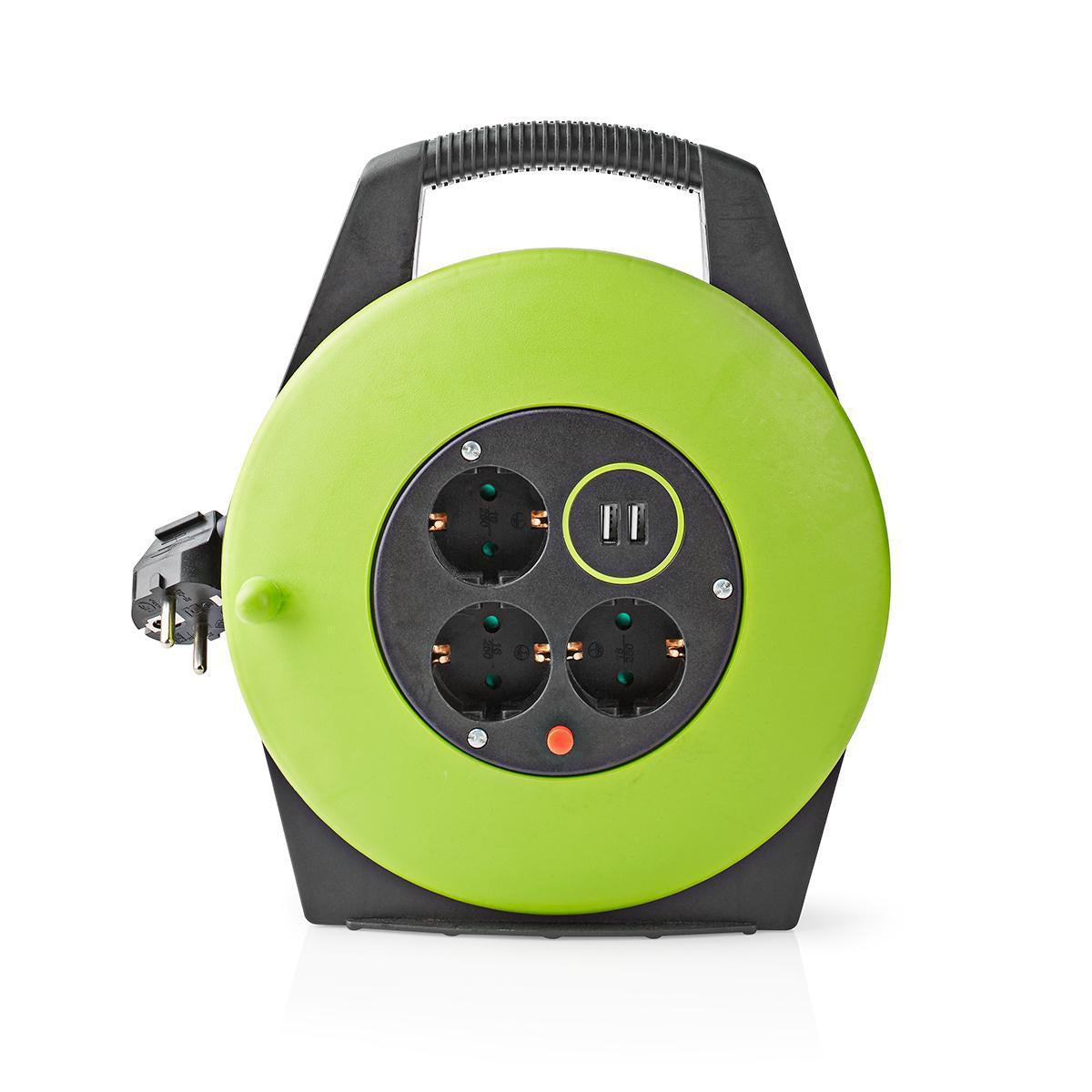 Cable reel | Grounded contact | 10.0 m | 3000 W | 16 A| Type of grounding: Side contact | 230 V AC 50/60 Hz | Outlet angle: 90 ° | H05VV-F 3G1.5mm² | Fuse: Yes | Green / Black