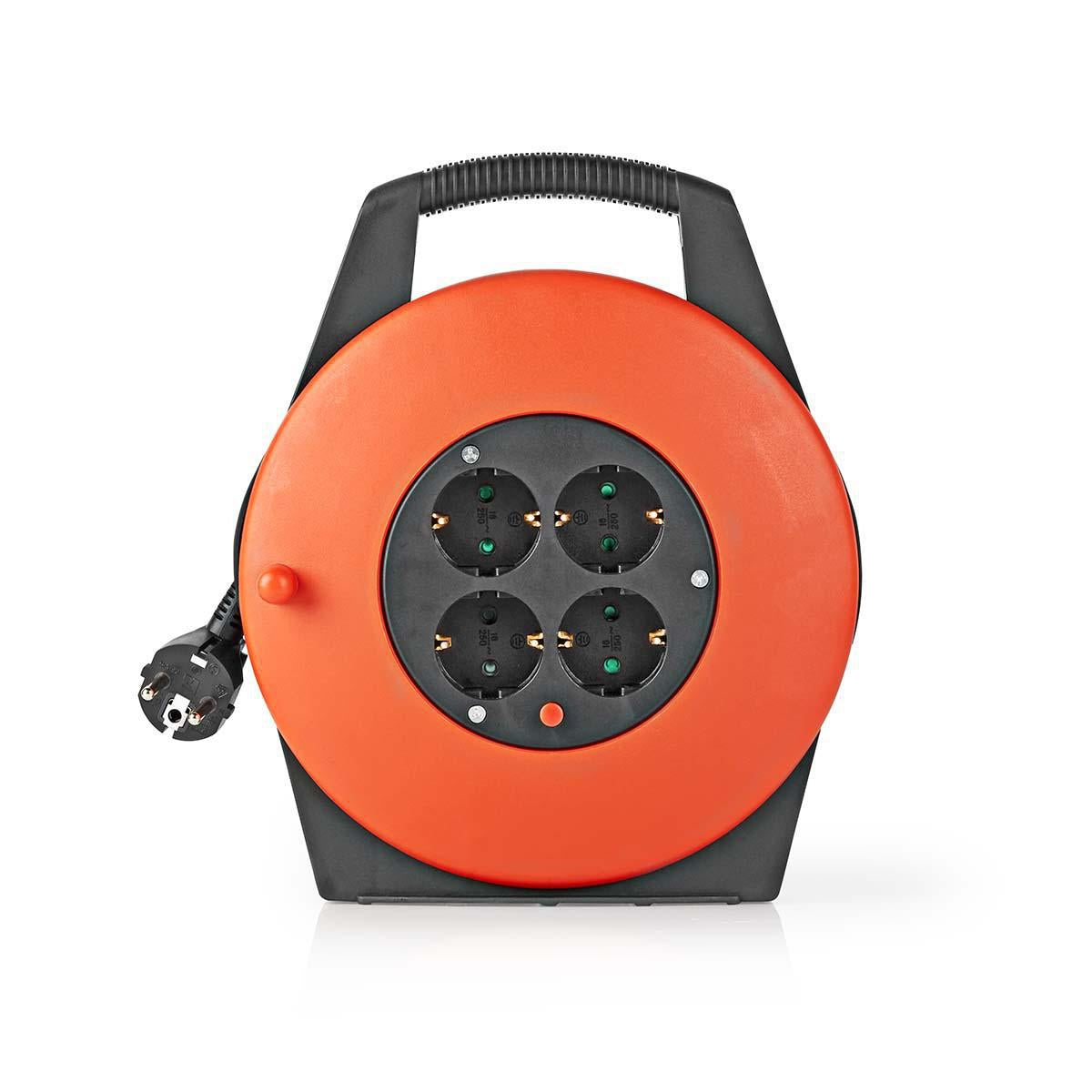 Cable reel | Grounded contact | 10.0 m | 3200 W | 16 A| Type of grounding: Side contact | 230 V AC 50/60 Hz | Outlet angle: 90 ° | H05VV-F 3G1.5mm² | Fuse: Yes | Orange / Black