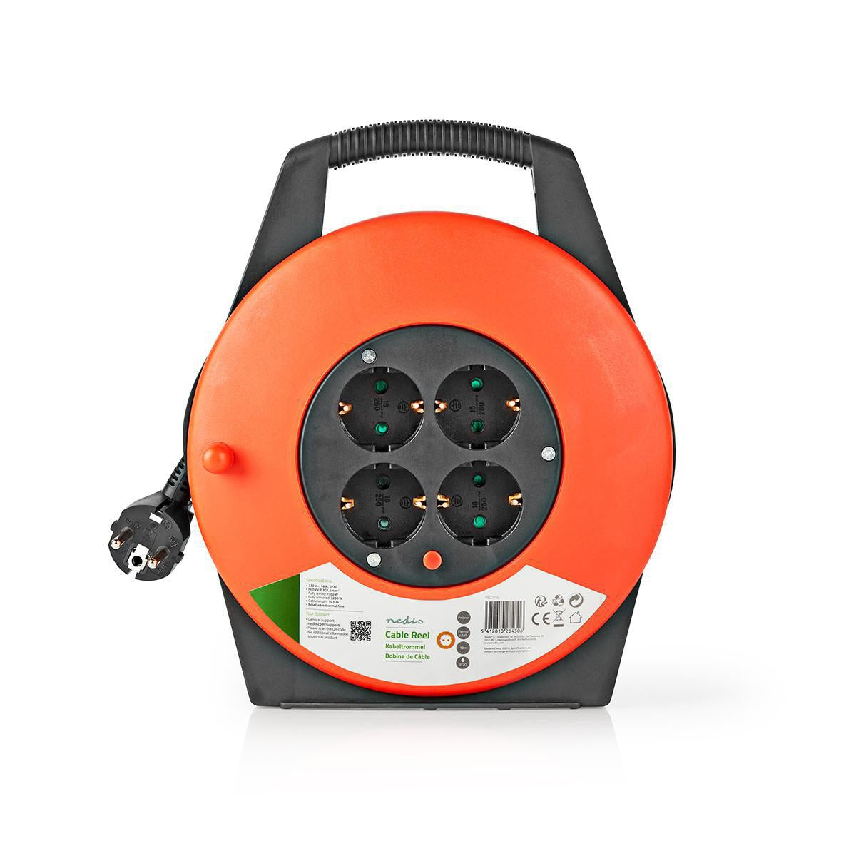 Cable reel | Grounded contact | 10.0 m | 3200 W | 16 A| Type of grounding: Side contact | 230 V AC 50/60 Hz | Outlet angle: 90 ° | H05VV-F 3G1.5mm² | Fuse: Yes | Orange / Black