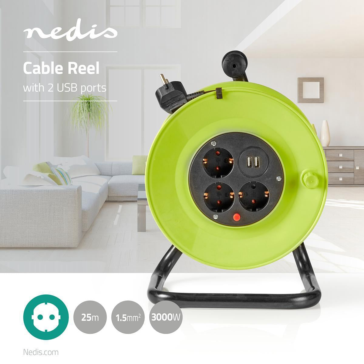 Cable reel | Grounded contact | 25.0 m | 3000 W | 16 A| Type of grounding: Side contact | 230 V AC 50/60 Hz | Outlet angle: 90 ° | H05VV-F 3G1.5mm² | Fuse: Yes | Green / Black