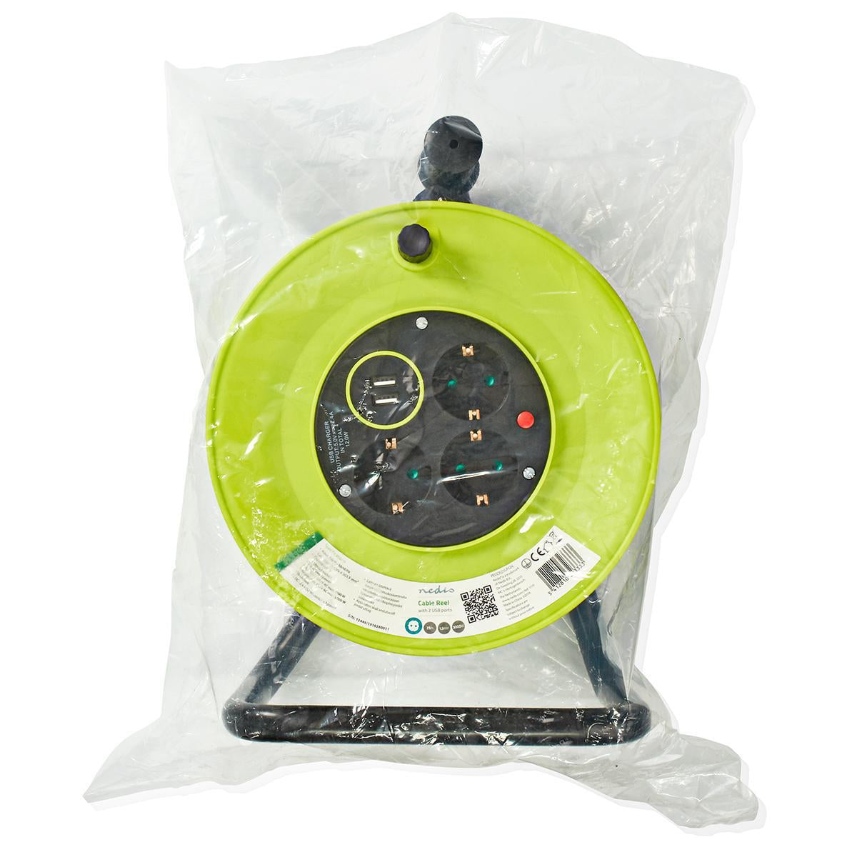 Cable reel | Grounded contact | 25.0 m | 3000 W | 16 A| Type of grounding: Side contact | 230 V AC 50/60 Hz | Outlet angle: 90 ° | H05VV-F 3G1.5mm² | Fuse: Yes | Green / Black