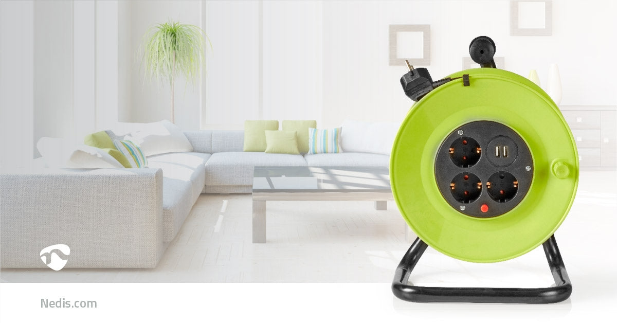 Cable reel | Grounded contact | 25.0 m | 3000 W | 16 A| Type of grounding: Side contact | 230 V AC 50/60 Hz | Outlet angle: 90 ° | H05VV-F 3G1.5mm² | Fuse: Yes | Green / Black