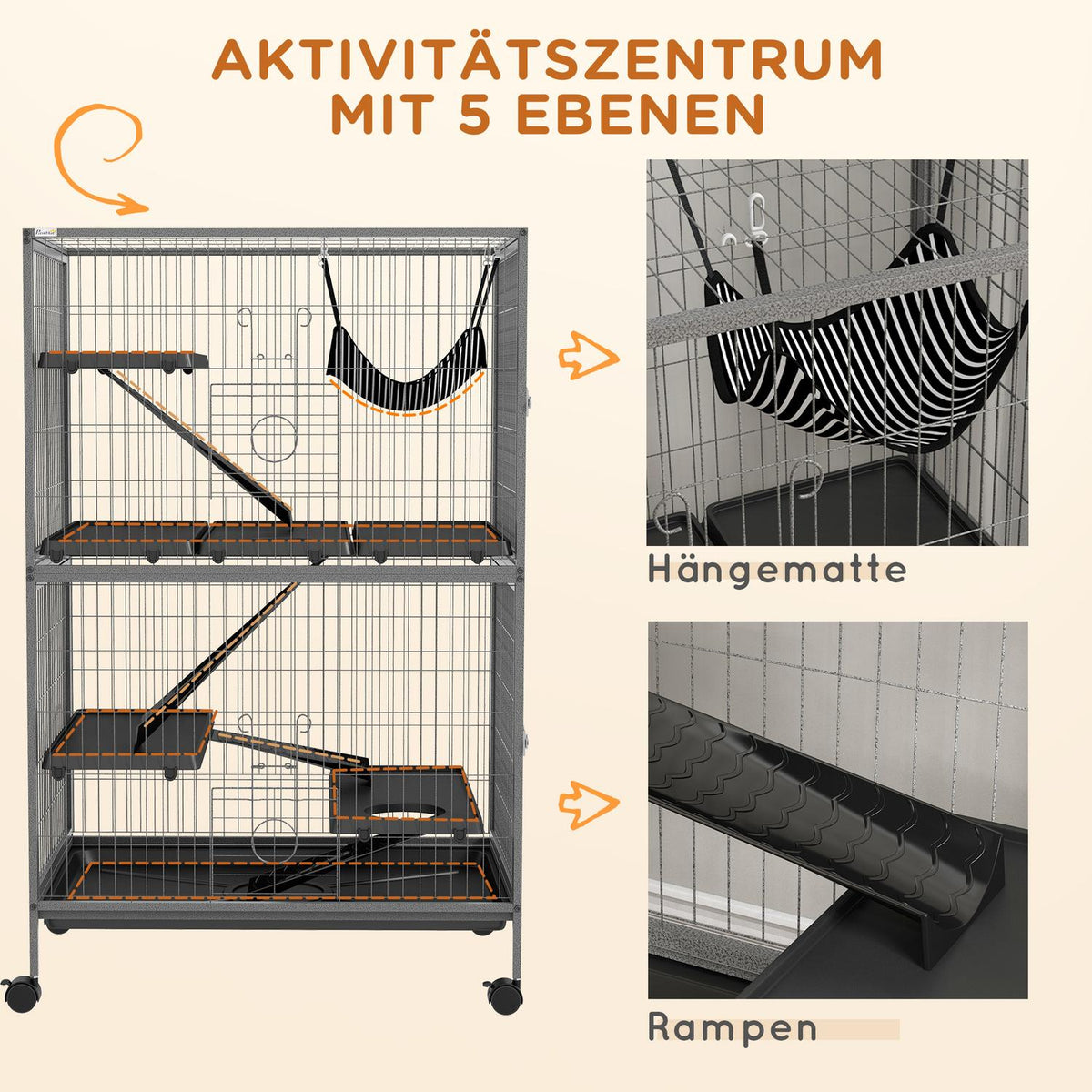 Cage for rodents multifunctional 4 platforms 3 ramps 4 doors dim. 80L x 52W x 128H cm Steel Gray Silver Black
