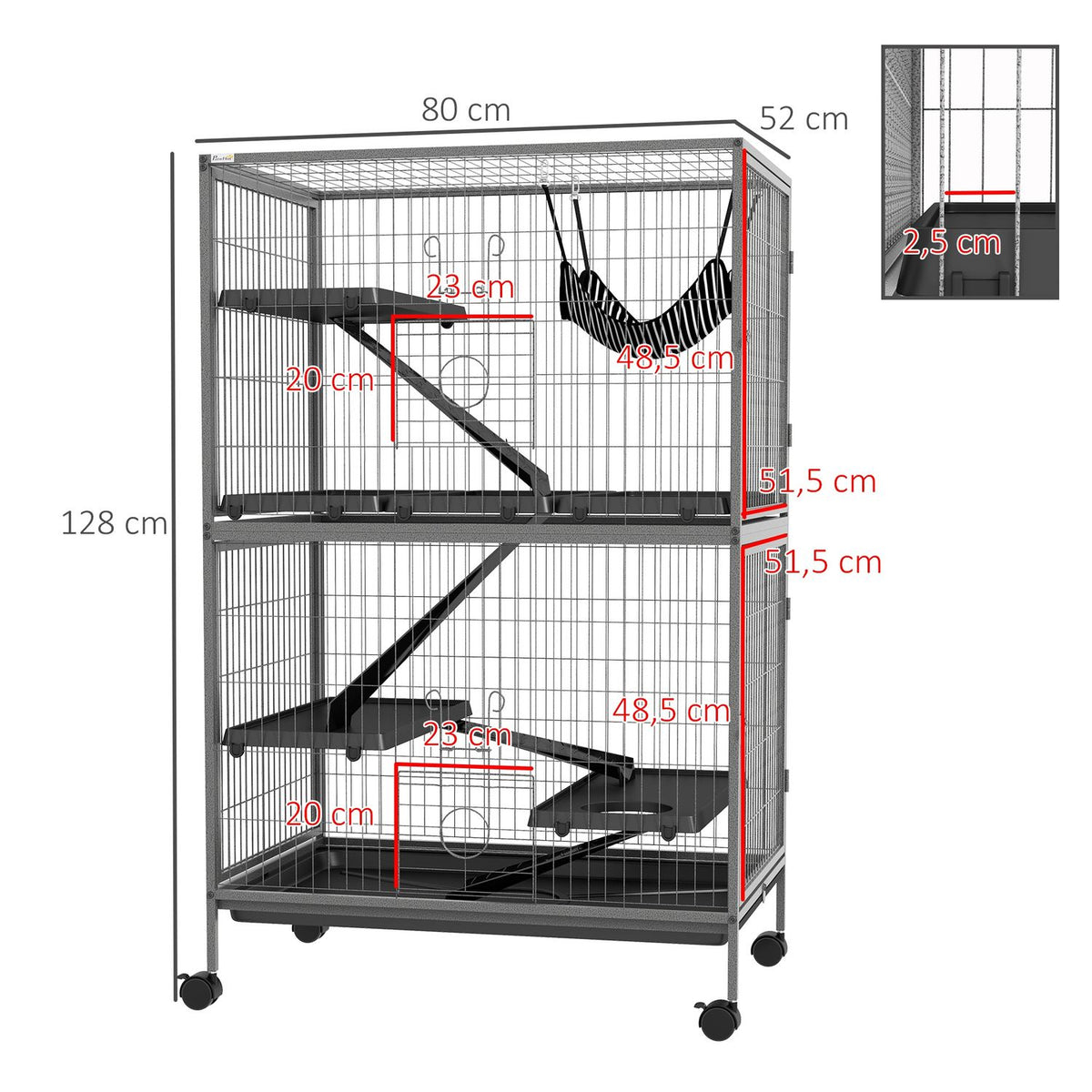 Cage for rodents multifunctional 4 platforms 3 ramps 4 doors dim. 80L x 52W x 128H cm Steel Gray Silver Black