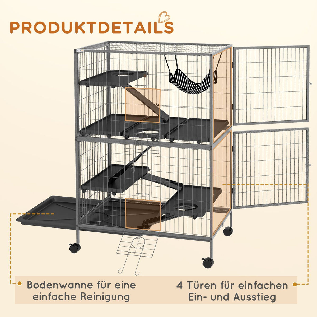 Cage for rodents multifunctional 4 platforms 3 ramps 4 doors dim. 80L x 52W x 128H cm Steel Gray Silver Black