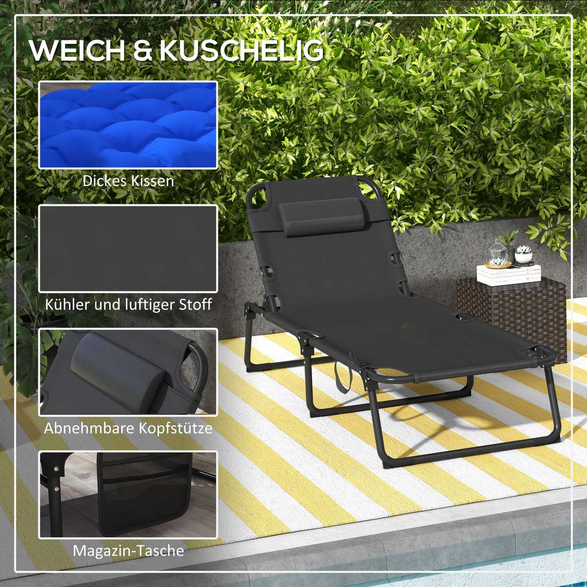 Camp Bed, Camping Bed, Camping Lounger, Adjustable Folding Bed With Bag, Up To 120 Kg For Garden, Balcony, Polyester, Steel, Dark Blue