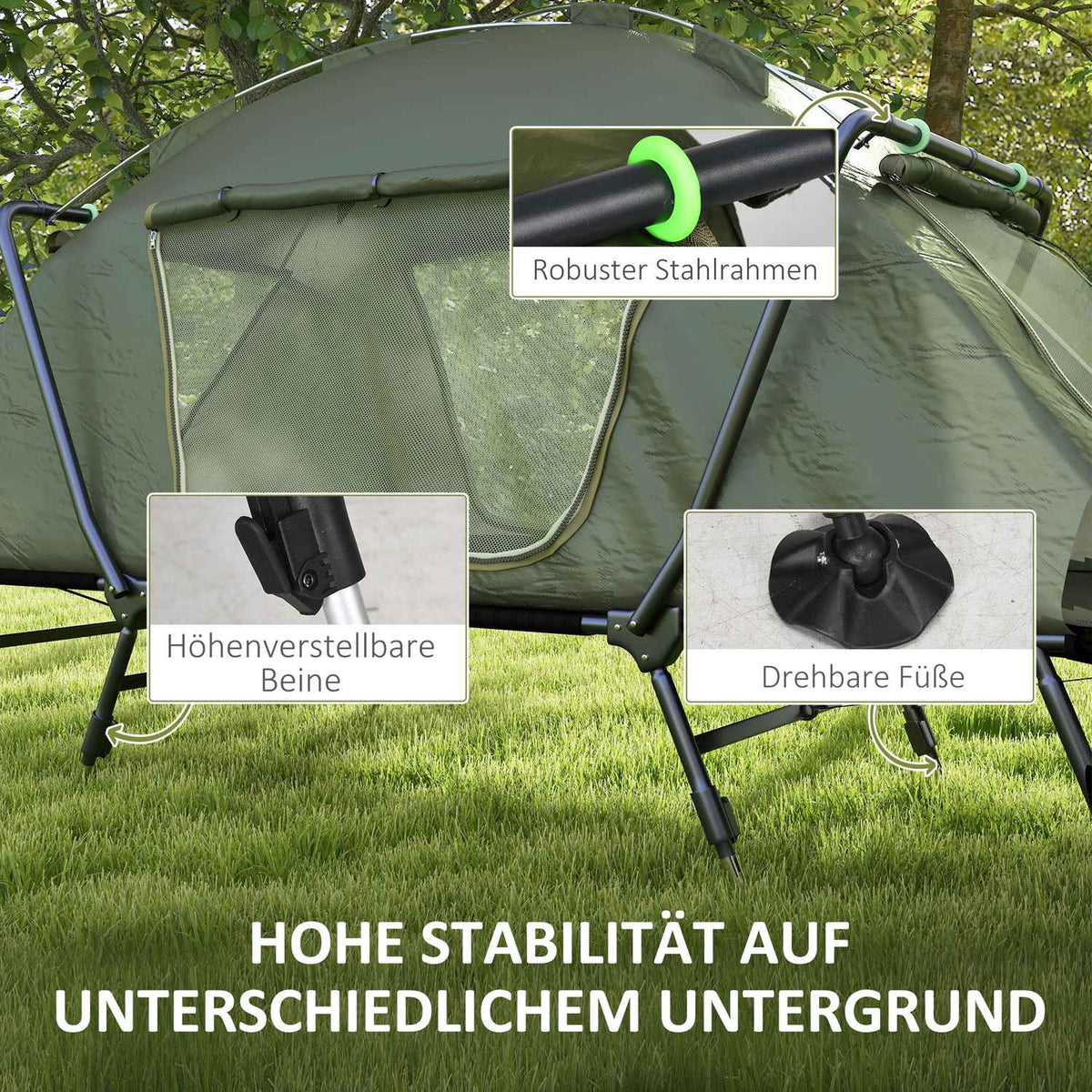 Camp Bed With Tent Camping Bed Raised Dome Tent With Uv Protection Including Carry Bag, Rain Cover, Adjustable Legs, Green Oxford 215 X 80 X 125 Cm