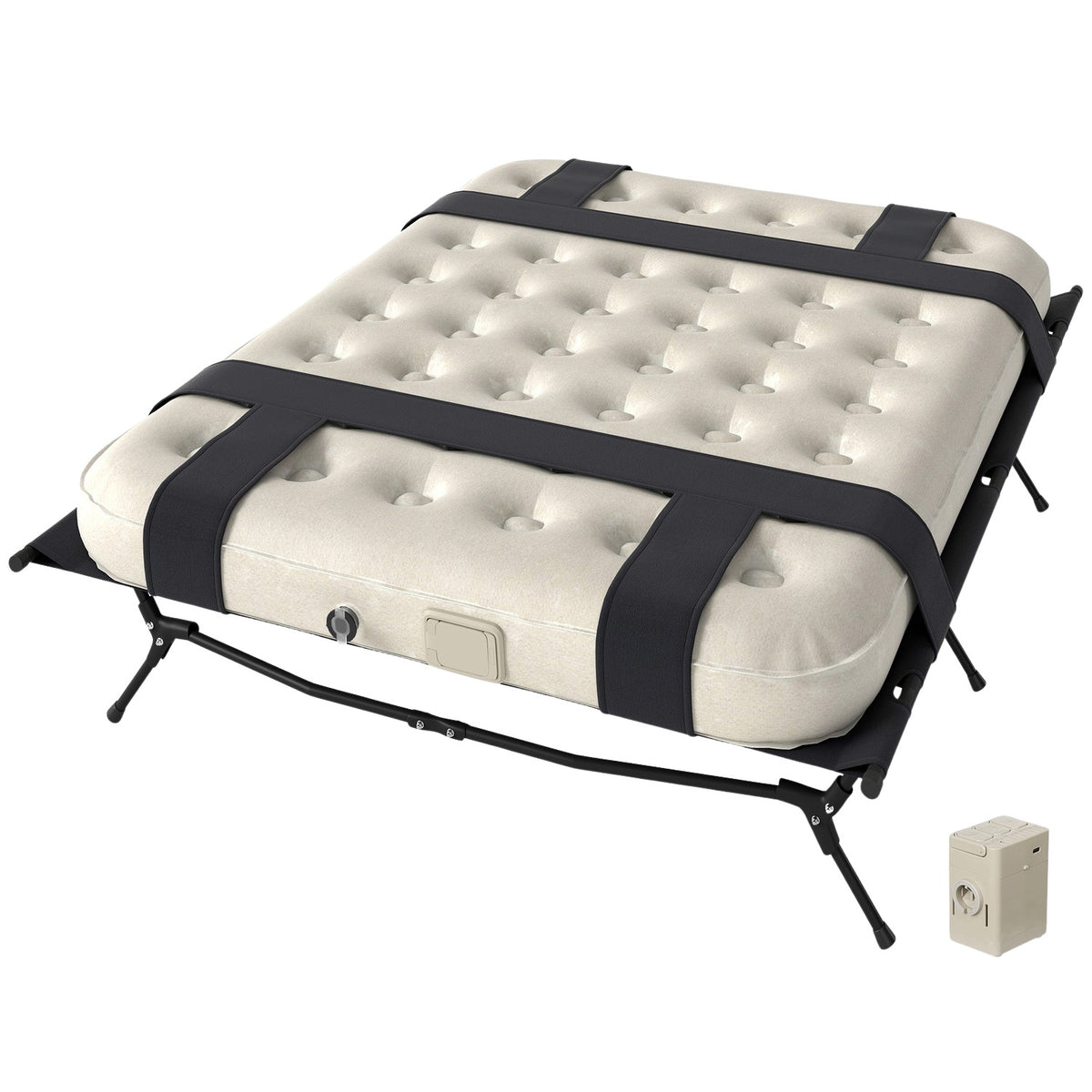 Camp bed camping bed with air mattress pump 200 x 153 cm guest bed load capacity up to 200 kg extra wide camping lounger for 2 adults for camping outdoor garden travel black + khaki