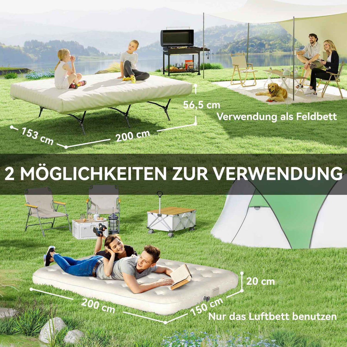 Camp bed camping bed with air mattress pump 200 x 153 cm guest bed load capacity up to 200 kg extra wide camping lounger for 2 adults for camping outdoor garden travel black + khaki