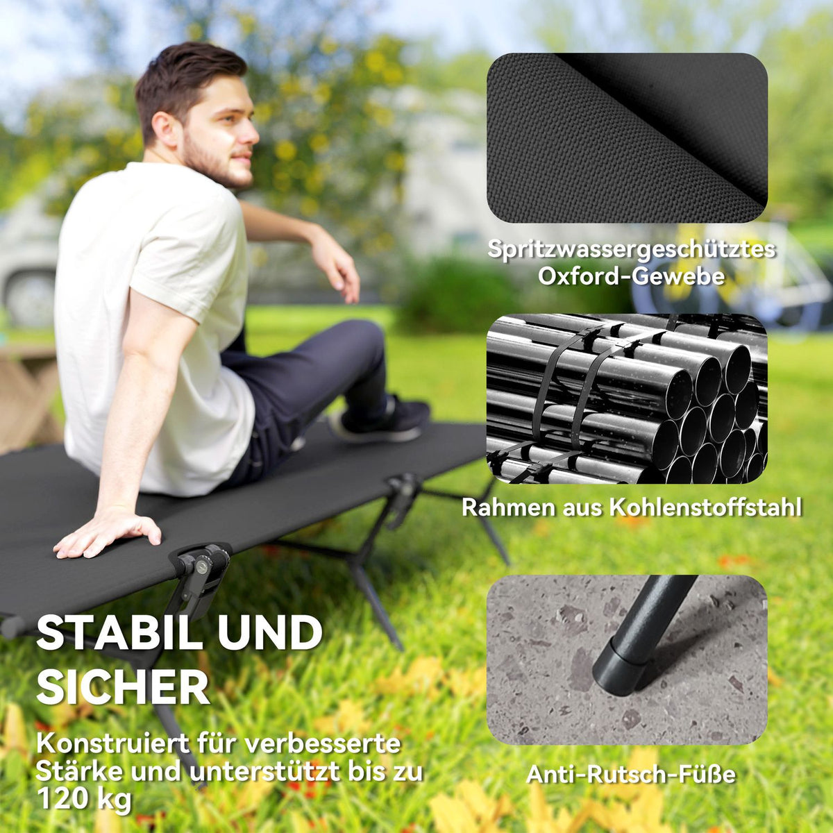 Camp bed, foldable camping bed with carry bag, 200 x 100 x 36 cm, guest bed up to 120 kg, extra wide camping lounger for adults, folding bed for indoor, outdoor, garden, camping, travel, black