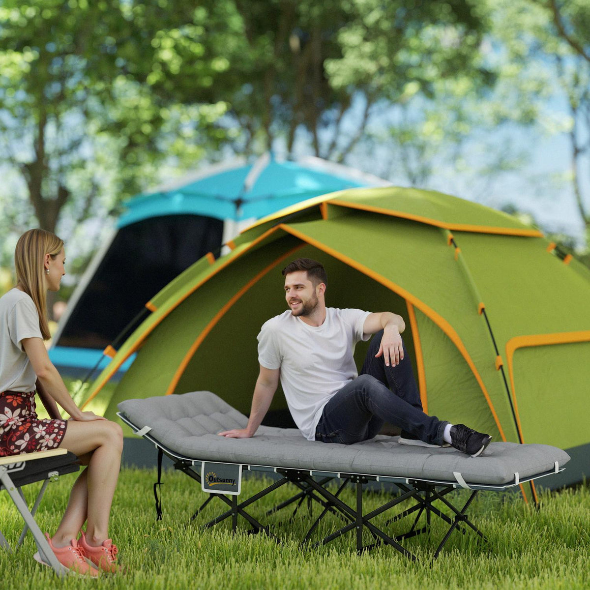 Camp bed foldable camping bed with mattress pillow side pocket 190 x 65 x 37 cm camping lounger for adults guest bed up to 150 kg folding bed for outdoor, garden camping travel light gray |