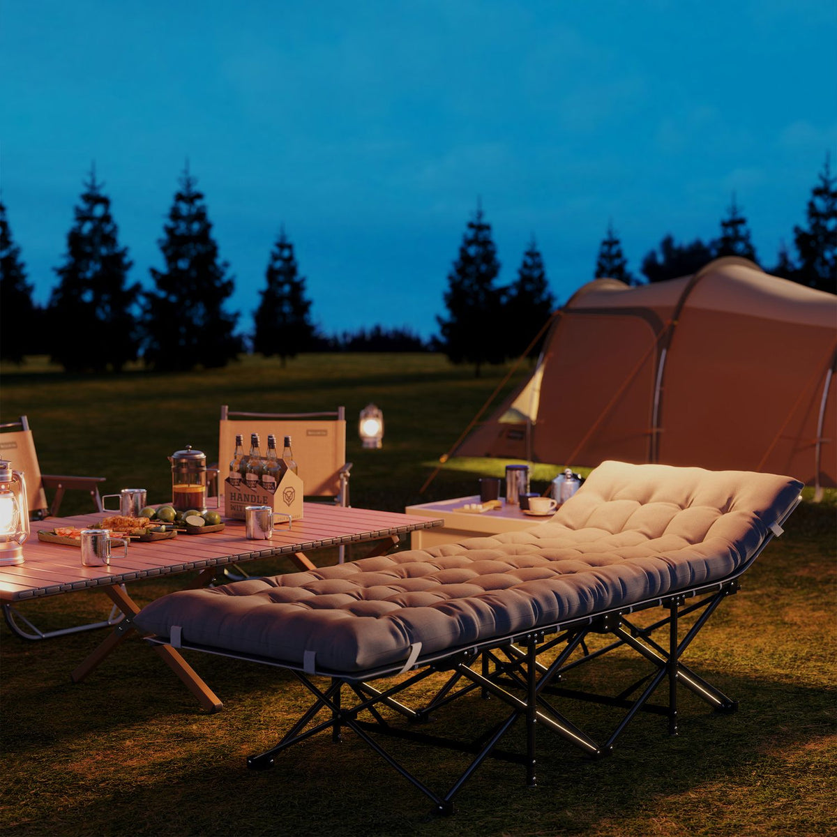 Camp bed foldable camping bed with mattress pillow side pocket 190 x 65 x 37 cm camping lounger for adults guest bed up to 150 kg folding bed for outdoor, garden camping travel light gray |