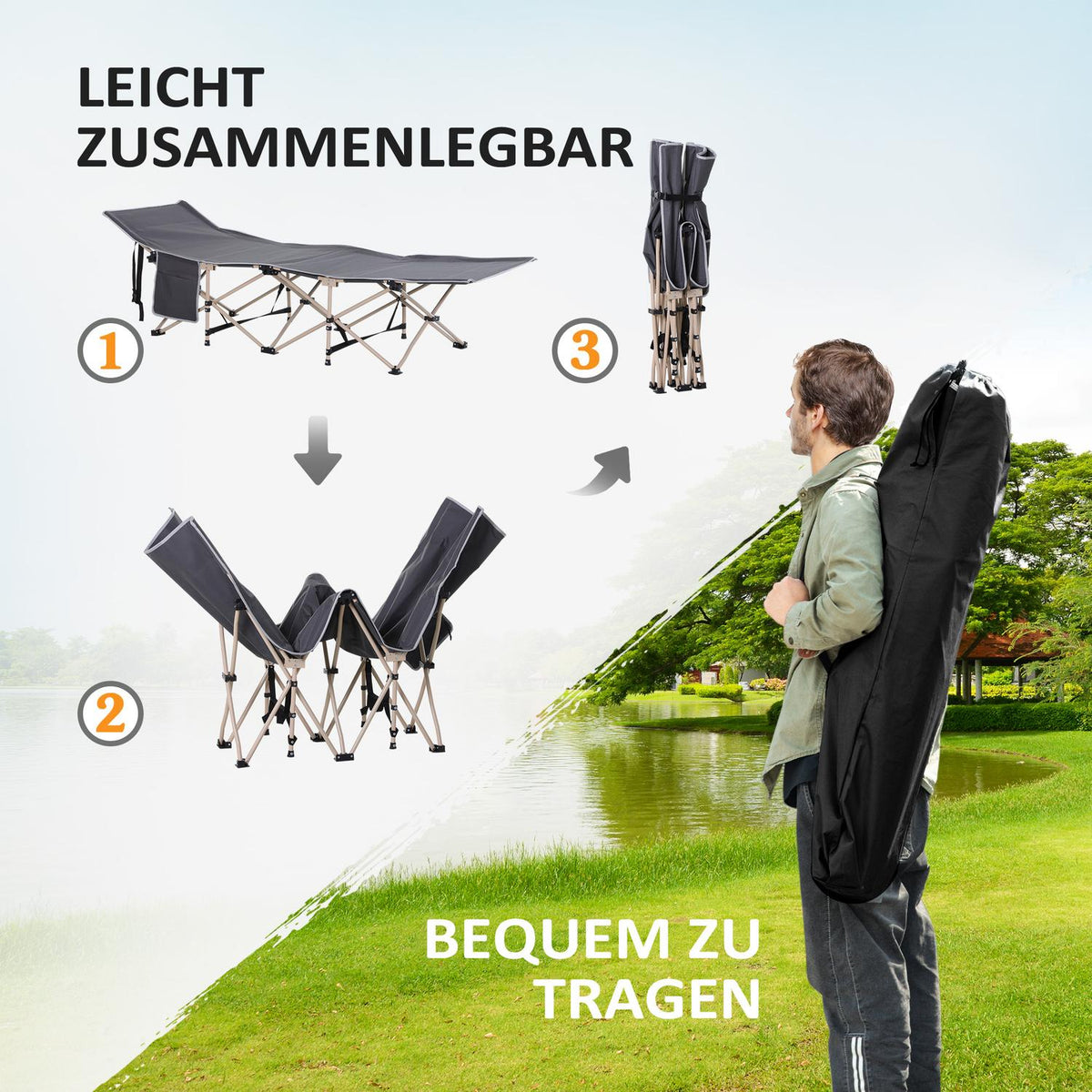 Camp bed with storage bag, foldable camping bed, camping lounger, including carry bag, steel Oxford, gray, 190 x 68 x 52 cm