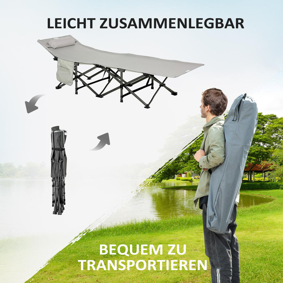 Camping Bed, Camp Bed, Folding Bed With Pillow, Side Pocket, Mattress, Light Gray, Up To 150Kg