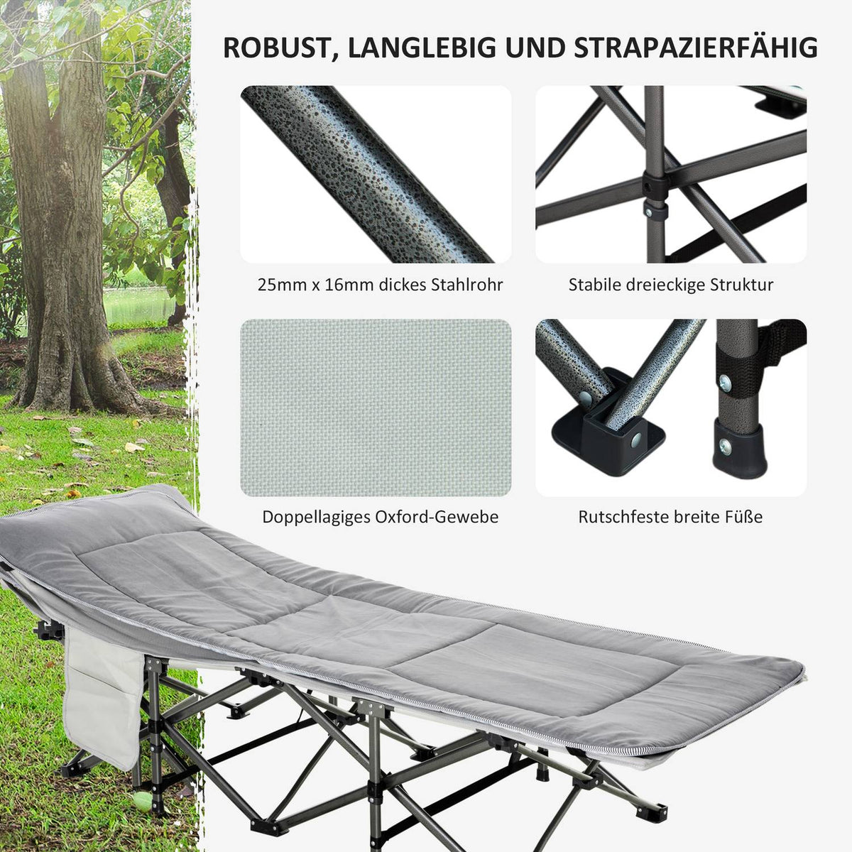 Camping Bed, Camp Bed, Folding Bed With Pillow, Side Pocket, Mattress, Light Gray, Up To 150Kg