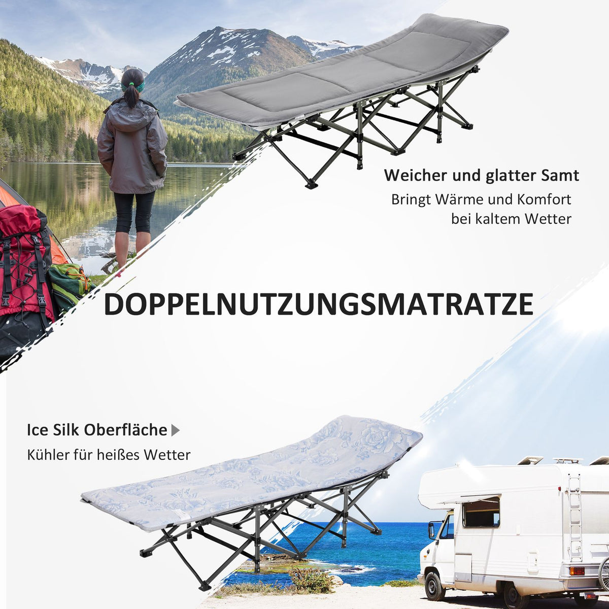 Camping Bed, Camp Bed, Folding Bed With Pillow, Side Pocket, Mattress, Light Gray, Up To 150Kg