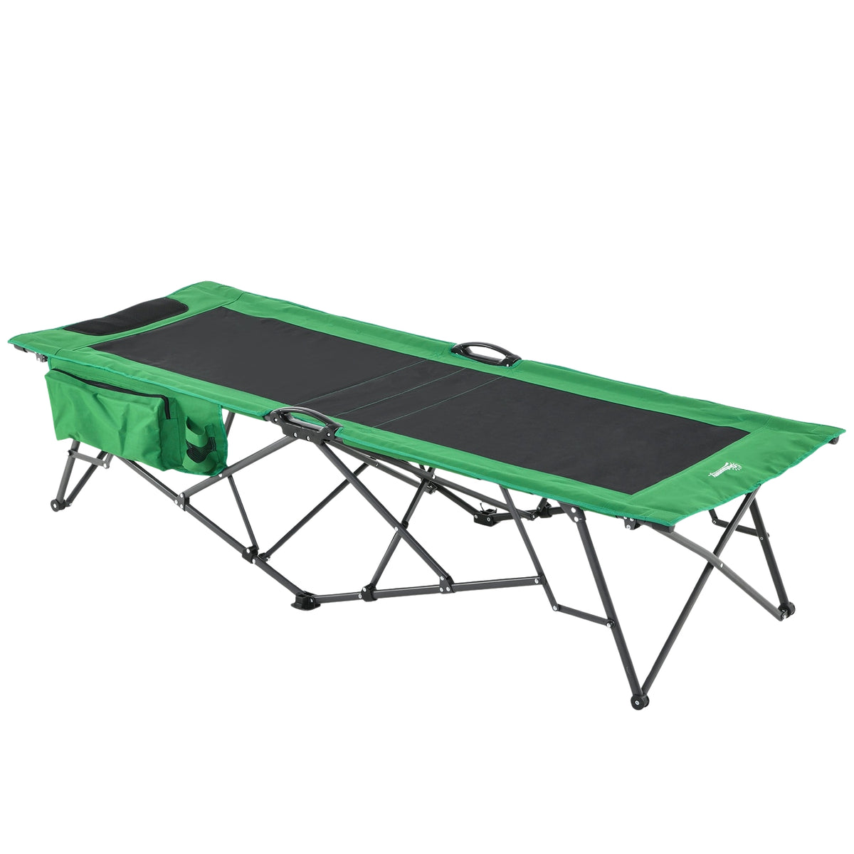 Camping Bed, Camp Bed, Folding Bed With Side Pocket, Drink Holder, Load Capacity Up To 136 Kg, Steel Oxford Green + Black, 200 X 73 X 49 Cm