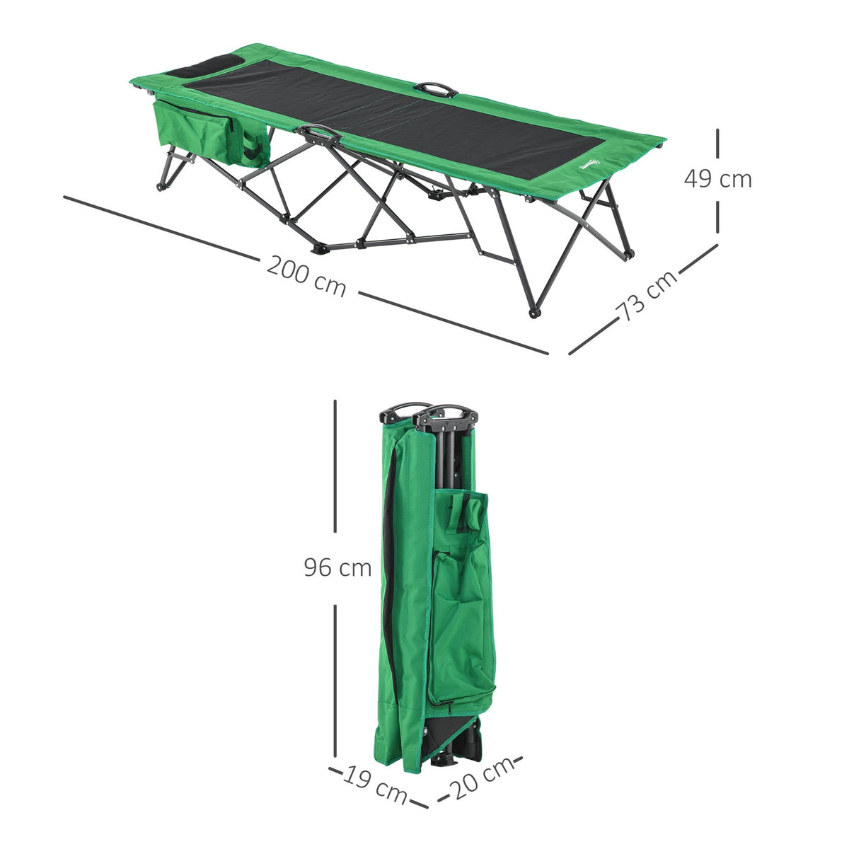Camping Bed, Camp Bed, Folding Bed With Side Pocket, Drink Holder, Load Capacity Up To 136 Kg, Steel Oxford Green + Black, 200 X 73 X 49 Cm