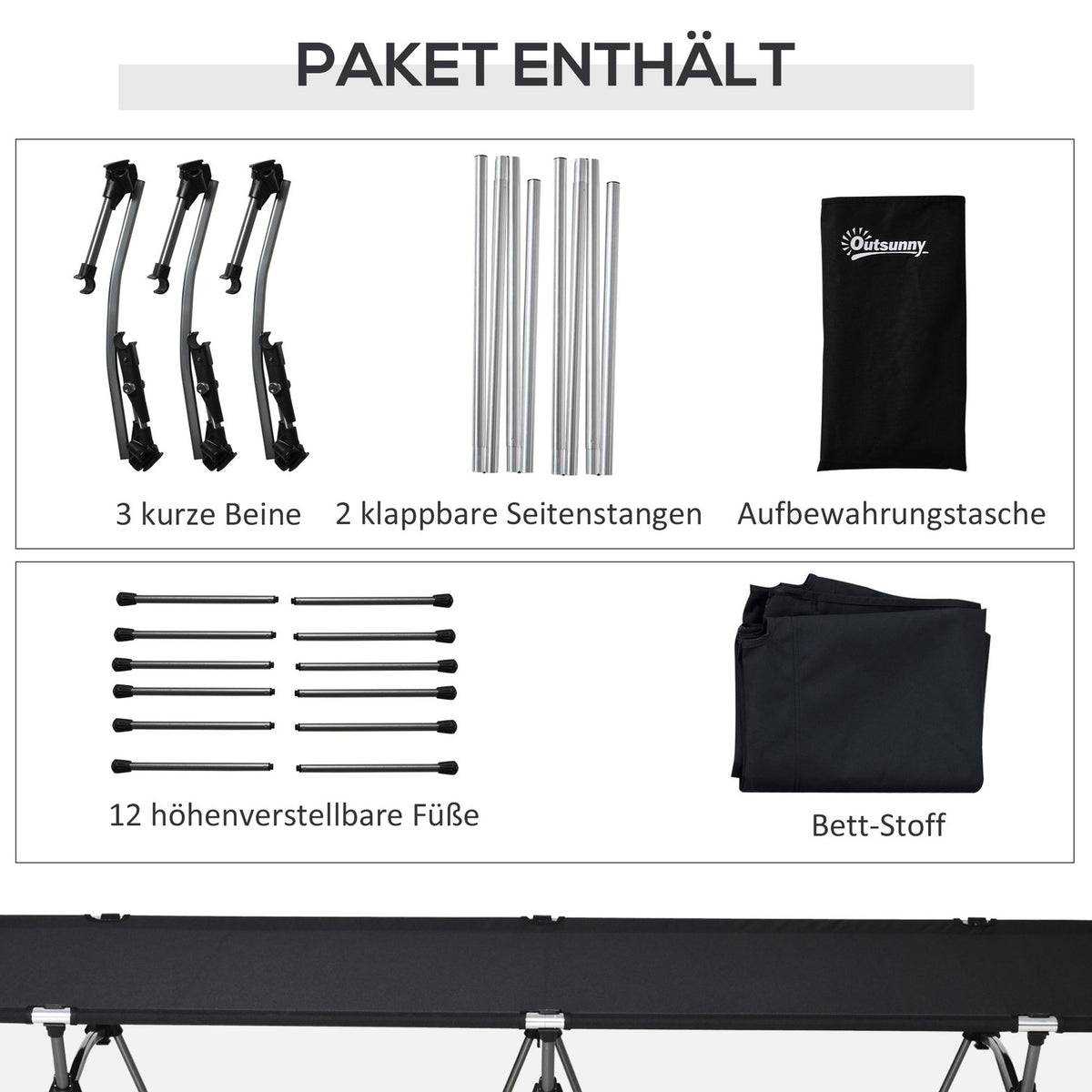 Camping Bed, Foldable Aluminum Field Bed With Carrying Bag, Height-Adjustable, Black, 190X65X38Cm, Up To 150Kg