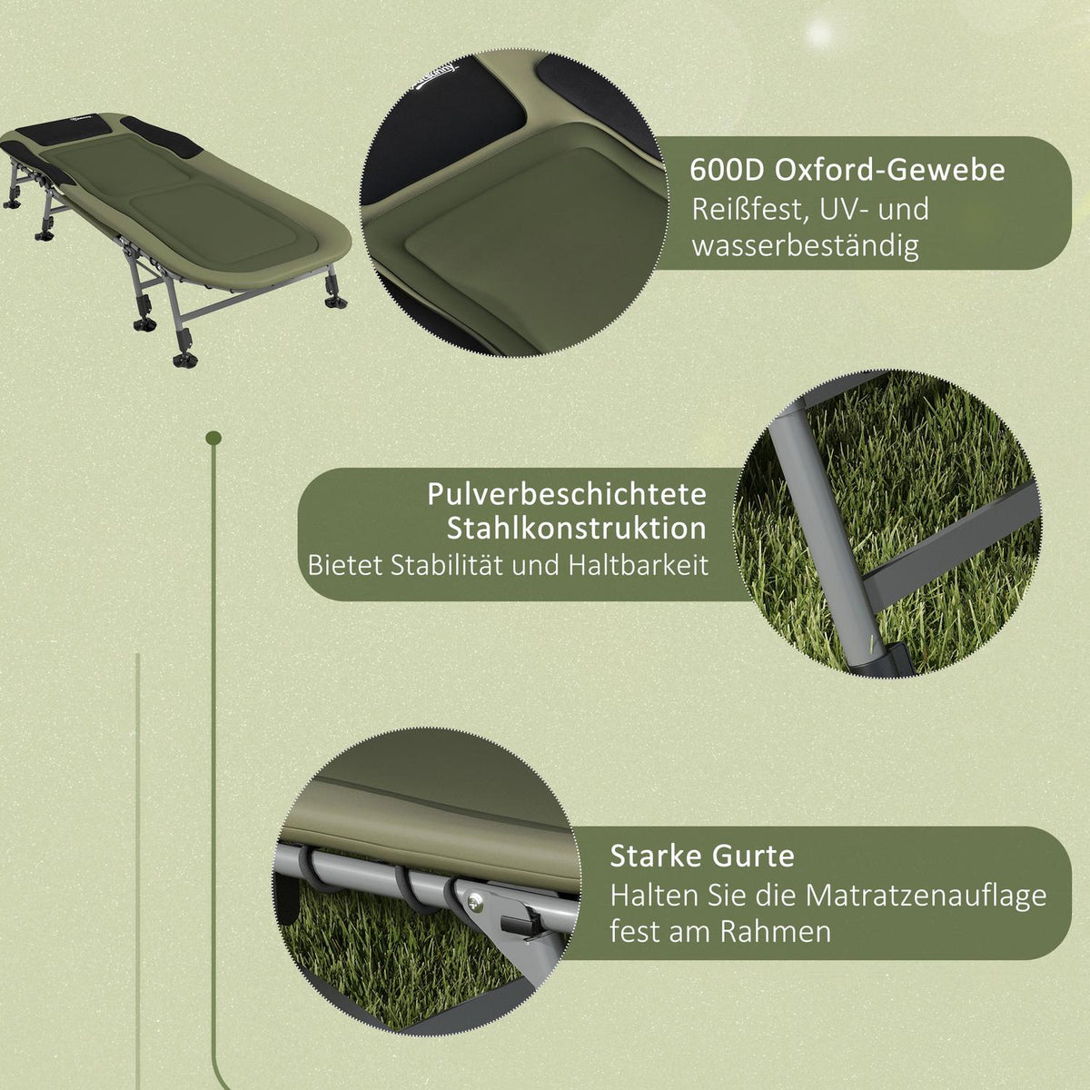 Camping Bed, Folding Camp Bed, Adjustable Travel Bed, Folding Bed Up To 180 Kg, For Outdoor Use, Oxford, Green