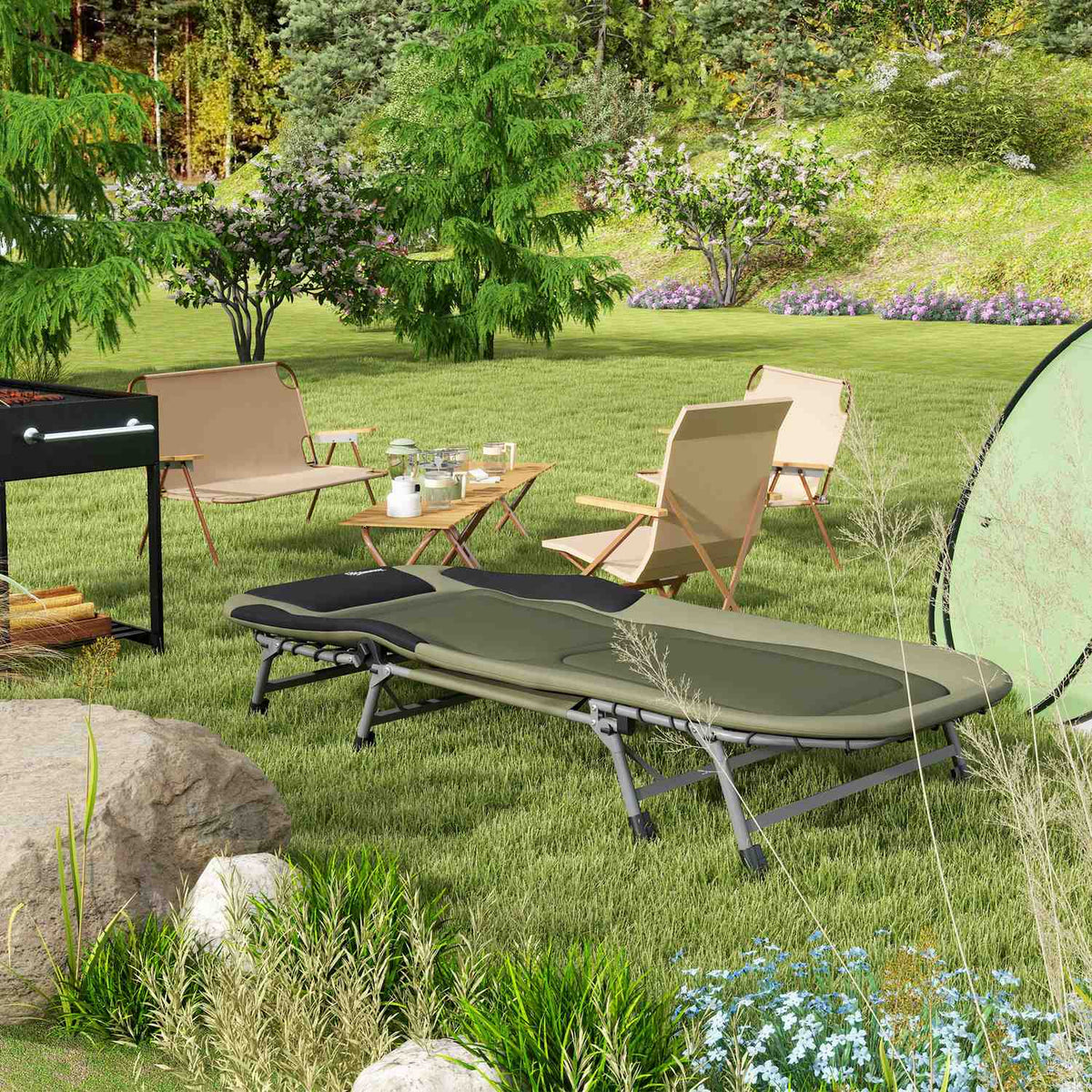 Camping Bed, Folding Camp Bed, Adjustable Travel Bed, Folding Bed Up To 180 Kg, For Outdoor Use, Oxford, Green