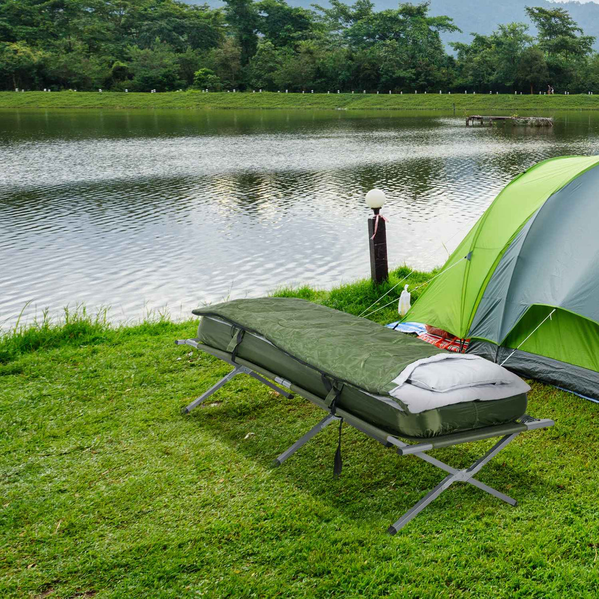 Camping Bed, Single Bed, Camp Bed With Pillow, Folding Travel Cot With Sturdy Steel Frame, Load Capacity Up To 120 Kg, Oxford Green