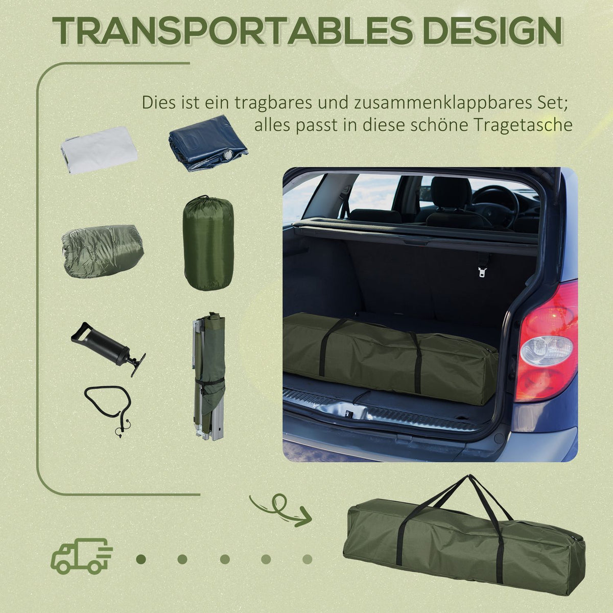 Camping Bed, Single Bed, Camp Bed With Pillow, Folding Travel Cot With Sturdy Steel Frame, Load Capacity Up To 120 Kg, Oxford Green