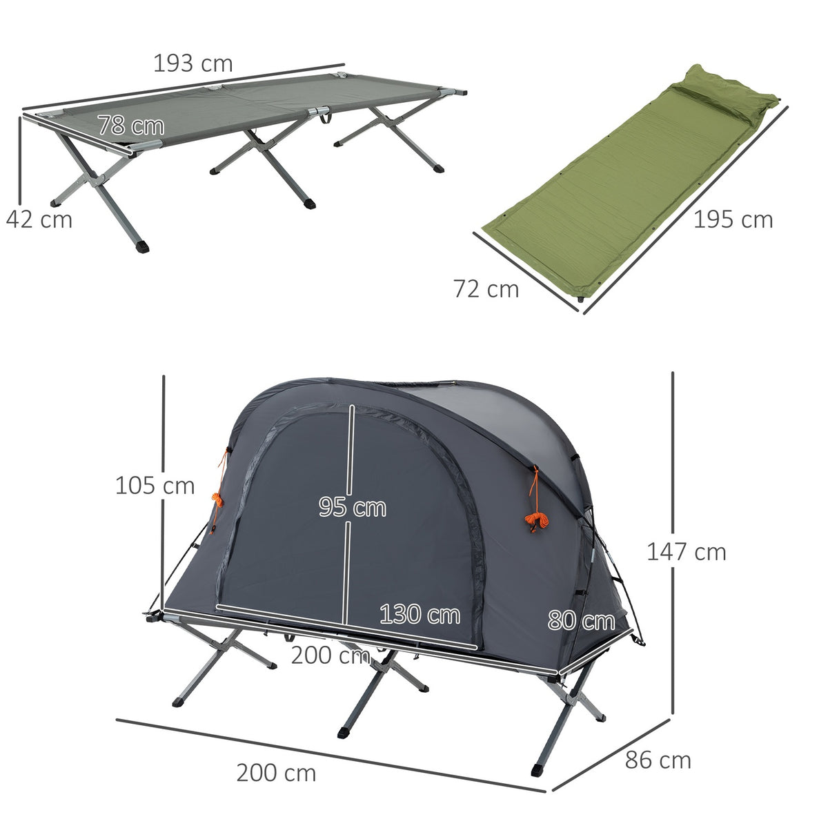 Camping Bed With Tent Raised Camp Bed For 1 Person Dome Tent With Air Mattress Incl. Carry Bag Gray 200 X 86 X 147 Cm