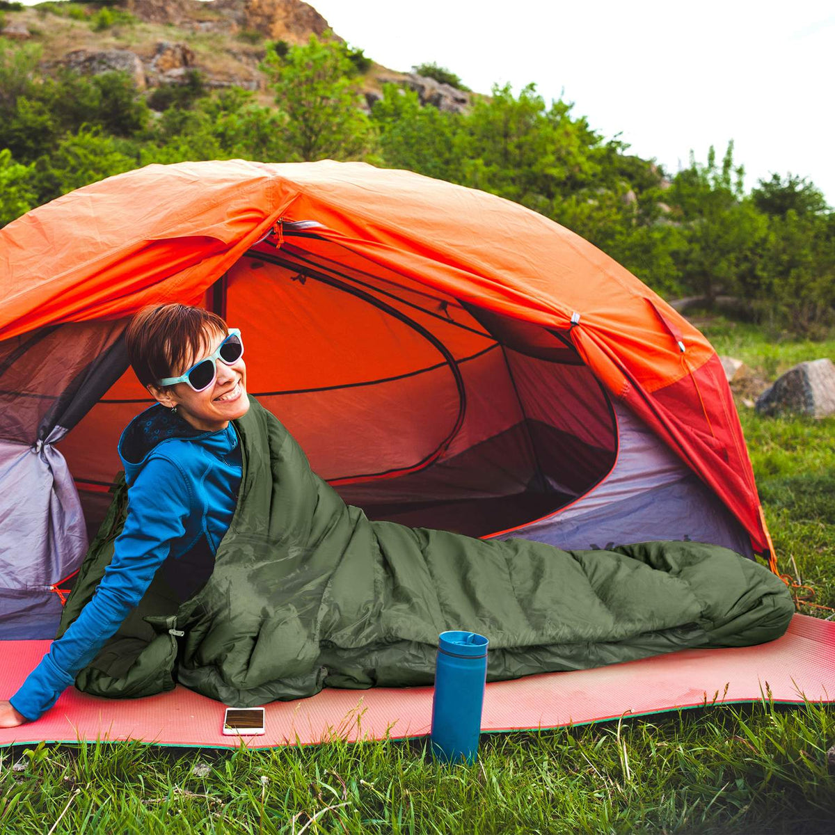 Camping Blanket Sleeping Bag 3-4 Season Adult Foldable Sleeping Bag With Carry Bag Outdoor Taffeta Green