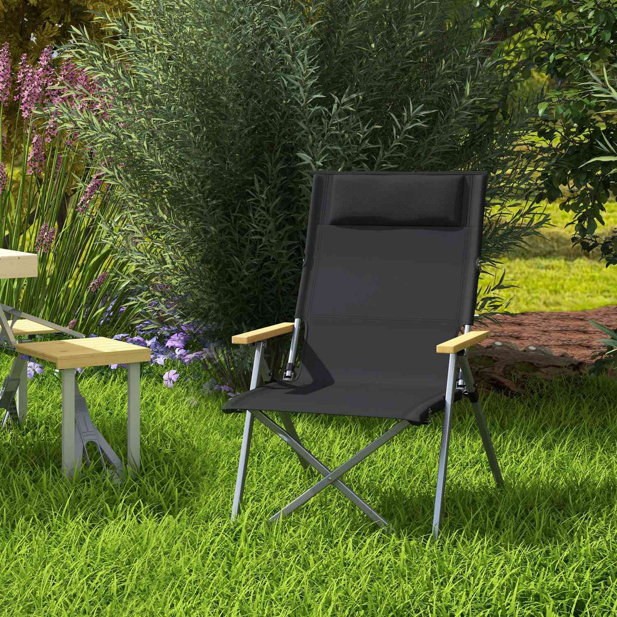 Camping Chair Folding Garden Chair with 4 Level Adjustable Backrest Headrest Folding Chair with Carry Bag Oxford Black