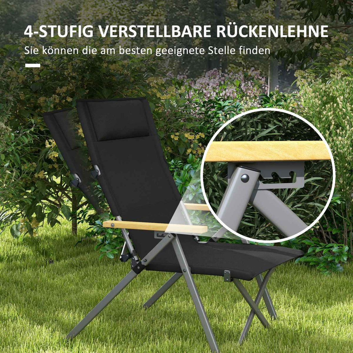 Camping Chair Folding Garden Chair with 4 Level Adjustable Backrest Headrest Folding Chair with Carry Bag Oxford Black