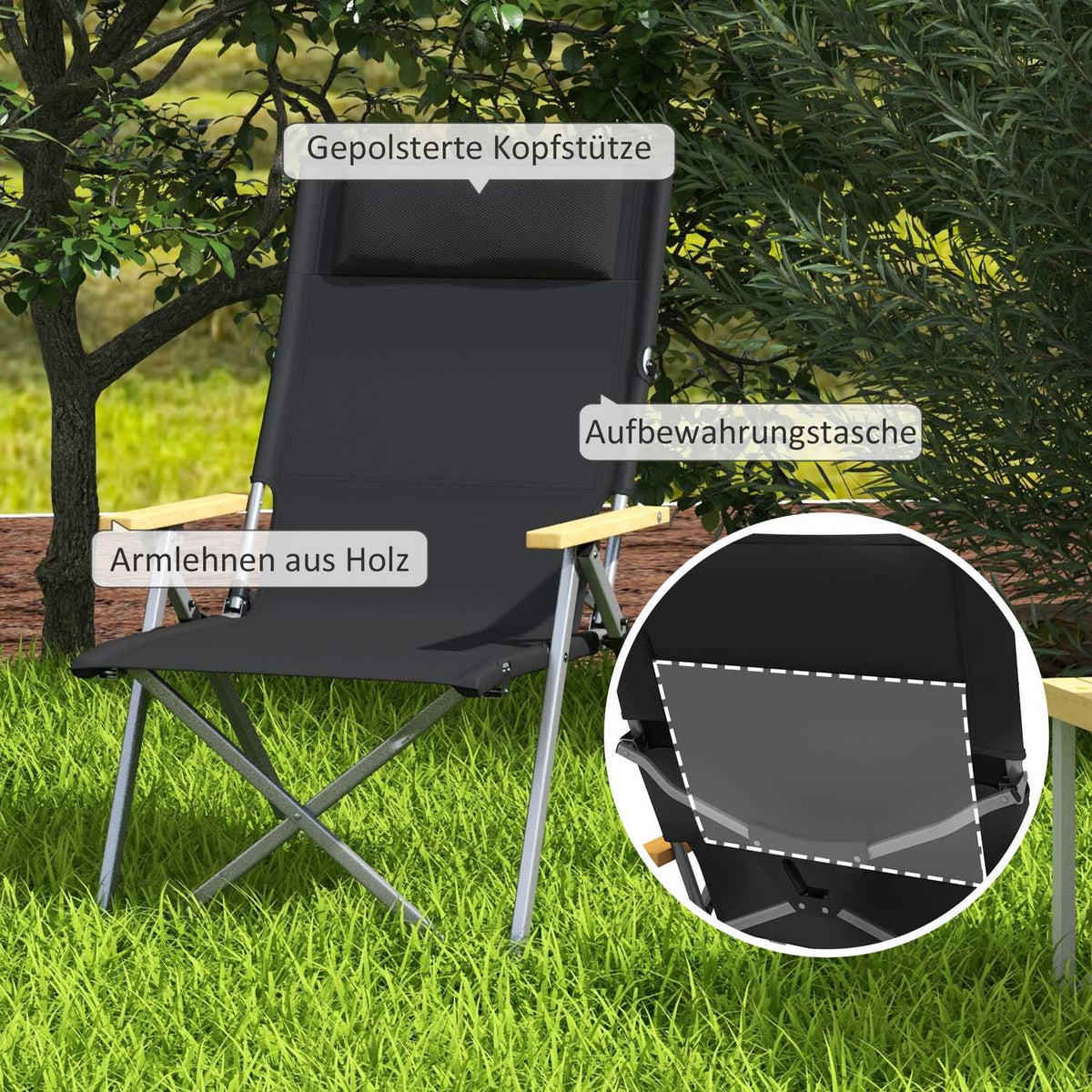Camping Chair Folding Garden Chair with 4 Level Adjustable Backrest Headrest Folding Chair with Carry Bag Oxford Black
