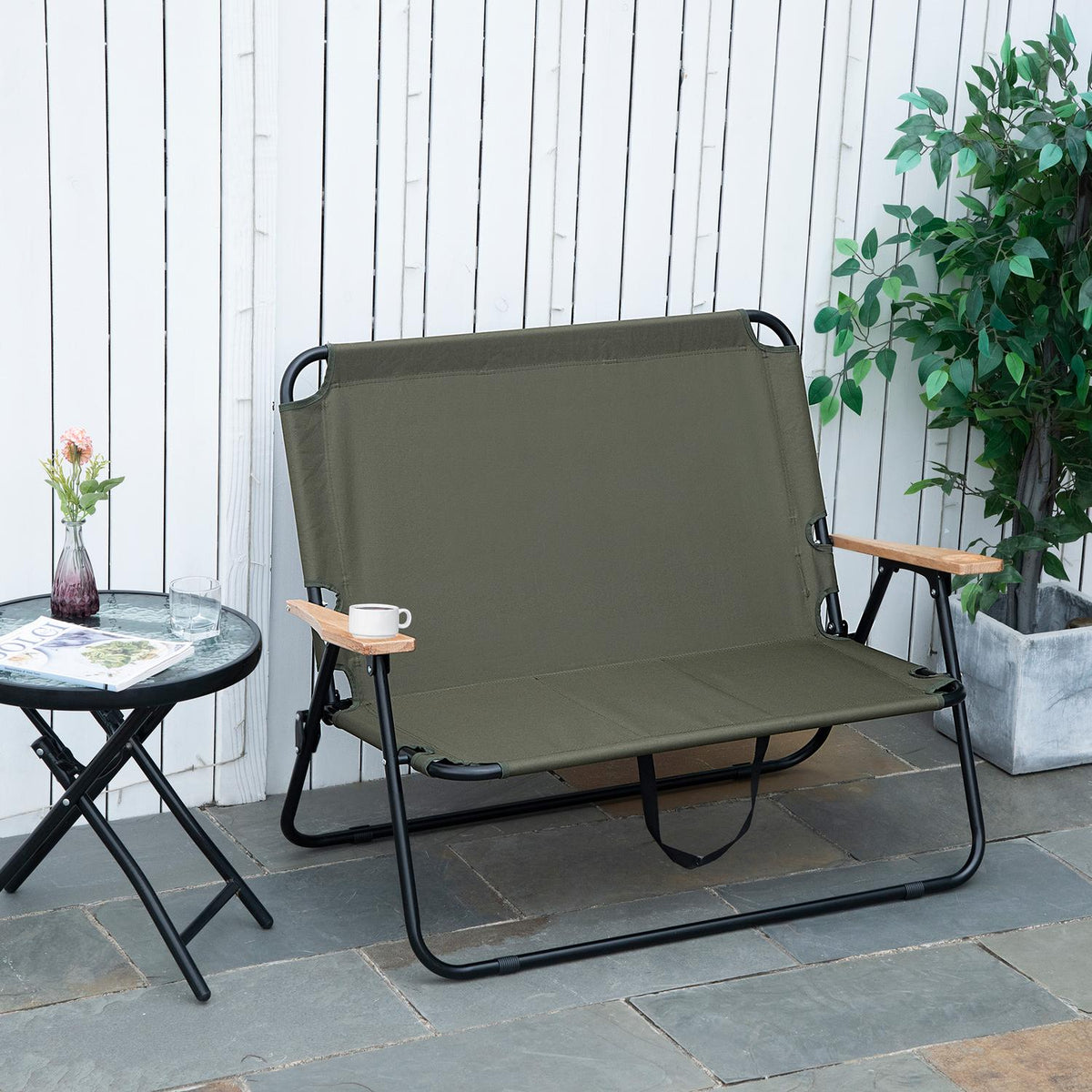 Camping Chair, Garden Chair, Director'S Chair, Folding Chair, 2-Seater, Foldable With Cup Holder Up To 160 Kg, Steel + Oxford Fabric + Wood, Green, 141 X 67 X 80 Cm