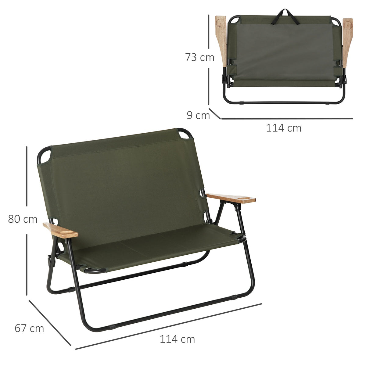 Camping Chair, Garden Chair, Director'S Chair, Folding Chair, 2-Seater, Foldable With Cup Holder Up To 160 Kg, Steel + Oxford Fabric + Wood, Green, 141 X 67 X 80 Cm