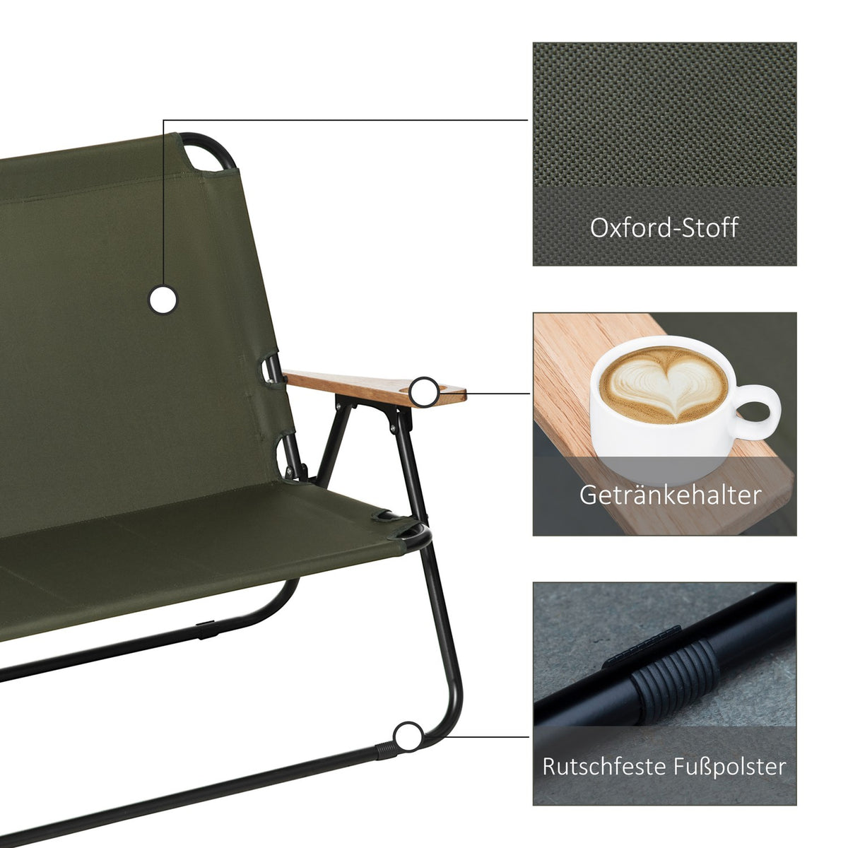 Camping Chair, Garden Chair, Director'S Chair, Folding Chair, 2-Seater, Foldable With Cup Holder Up To 160 Kg, Steel + Oxford Fabric + Wood, Green, 141 X 67 X 80 Cm