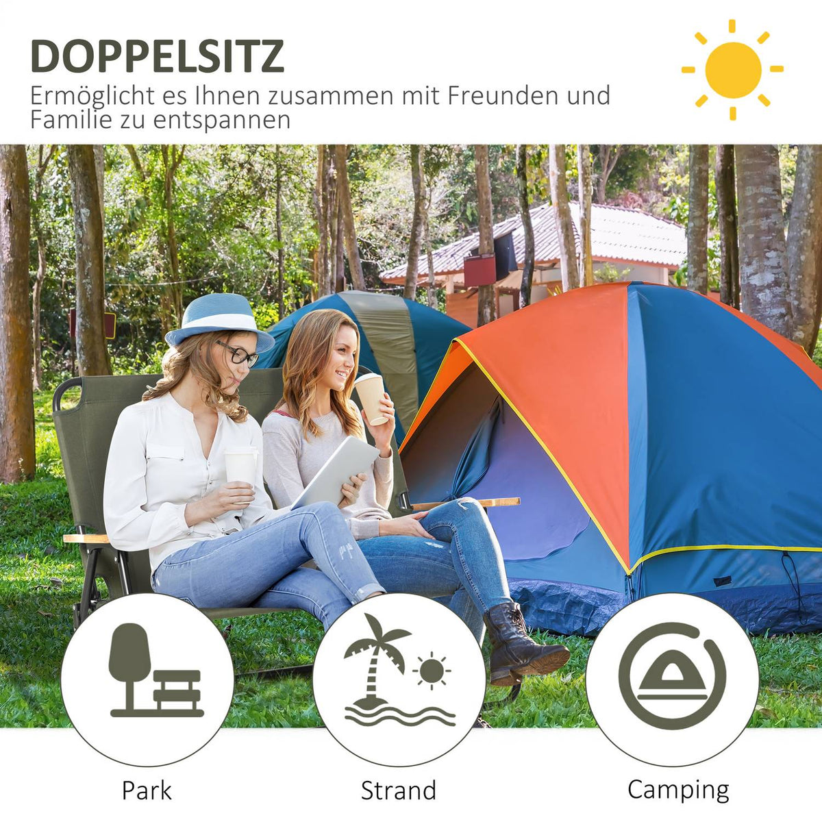 Camping Chair, Garden Chair, Director'S Chair, Folding Chair, 2-Seater, Foldable With Cup Holder Up To 160 Kg, Steel + Oxford Fabric + Wood, Green, 141 X 67 X 80 Cm
