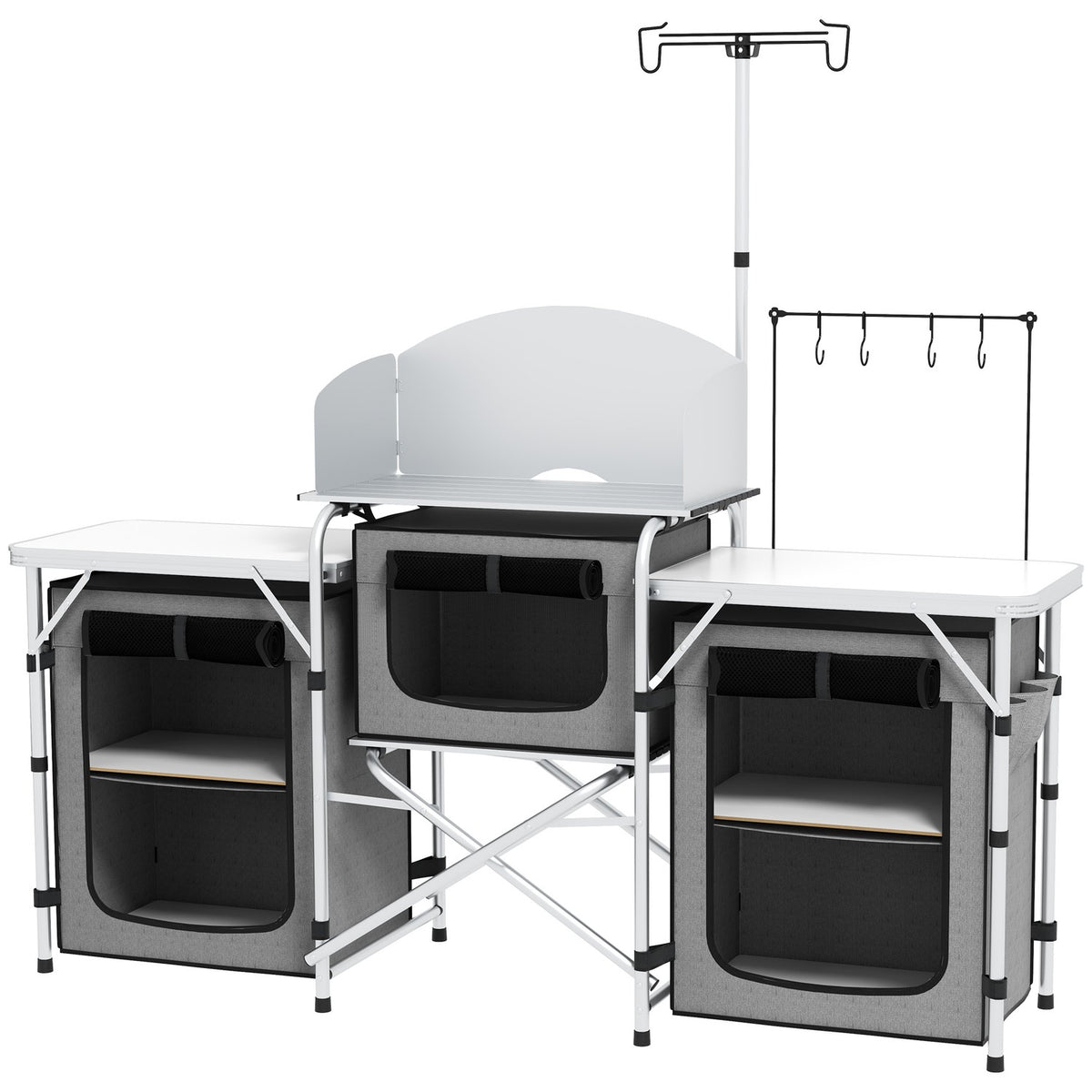 Camping Kitchen Folding Kitchen Wind Protection 3 Cabinets 3 Worktops Adjustable Light Stand Camping Garden Aluminum Oxford Gray
