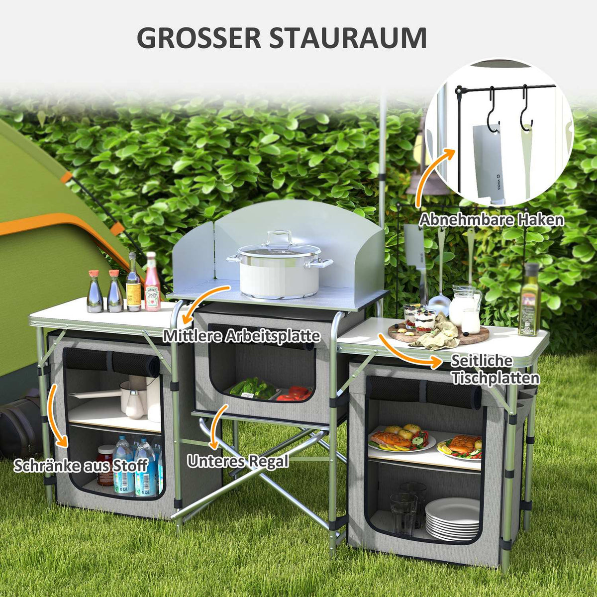 Camping Kitchen Folding Kitchen Wind Protection 3 Cabinets 3 Worktops Adjustable Light Stand Camping Garden Aluminum Oxford Gray