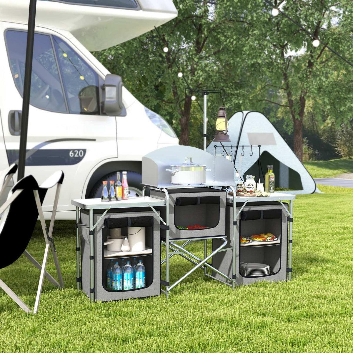 Camping Kitchen Folding Kitchen Wind Protection 3 Cabinets 3 Worktops Adjustable Light Stand Camping Garden Aluminum Oxford Gray